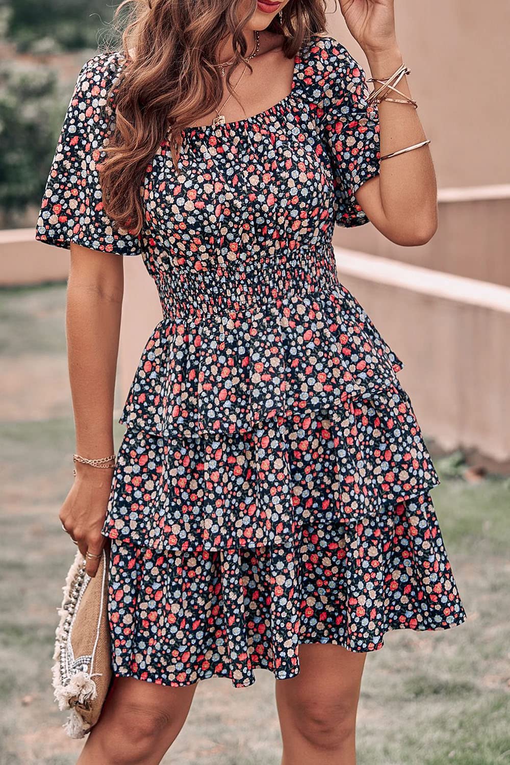 Women's 2025 Floral Summer Short Dress Square Neck Short Sleeve Tiered Ruffle Boho Swing Dresses (Floral Black Red,Small)