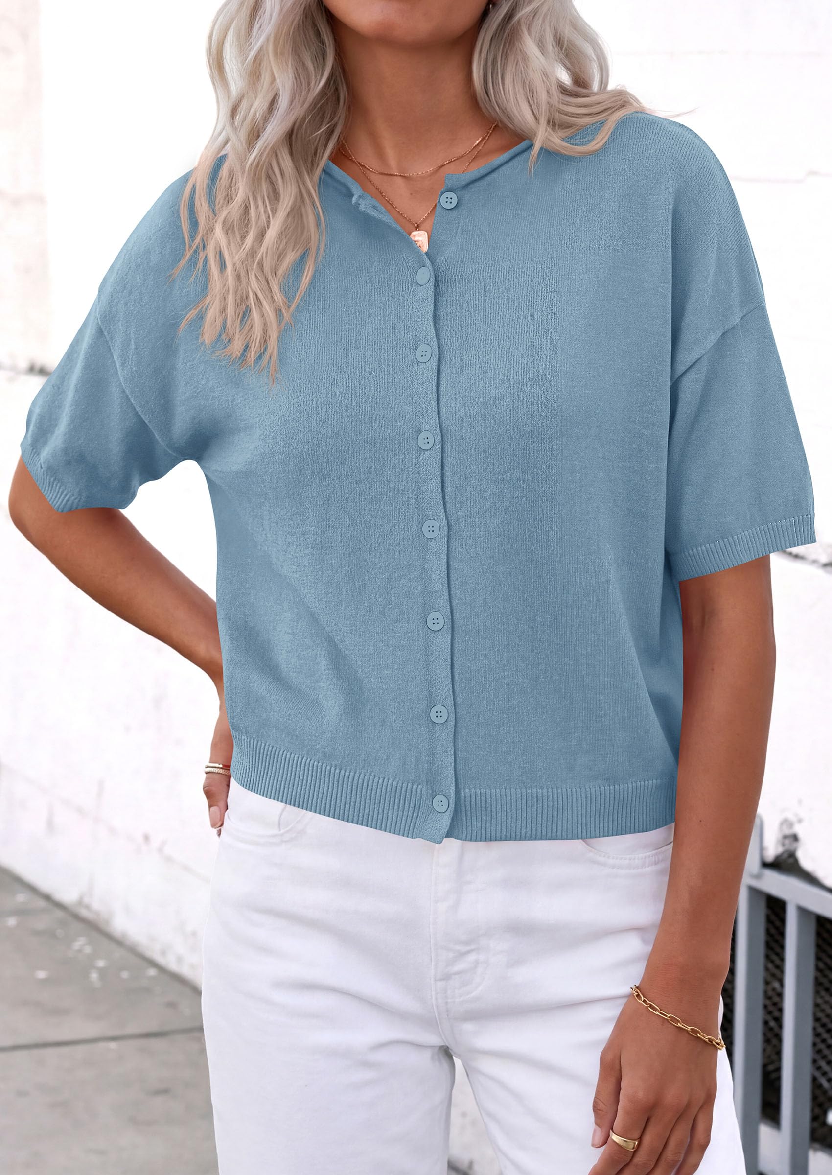 Women's Short Sleeve Cardigan Sweaters (Light Blue,Small)