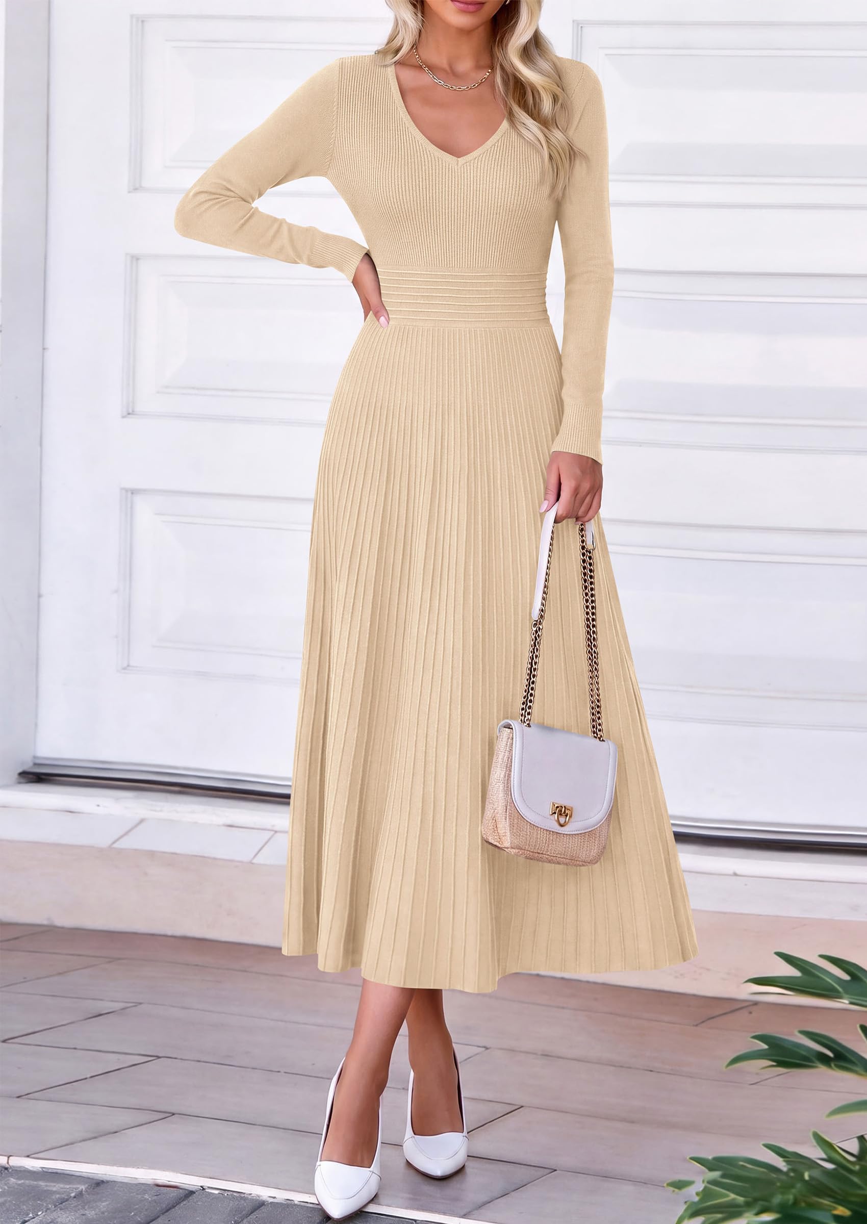 Women's Fall V Neck Pleated Midi Sweater Dress,Apricot,S