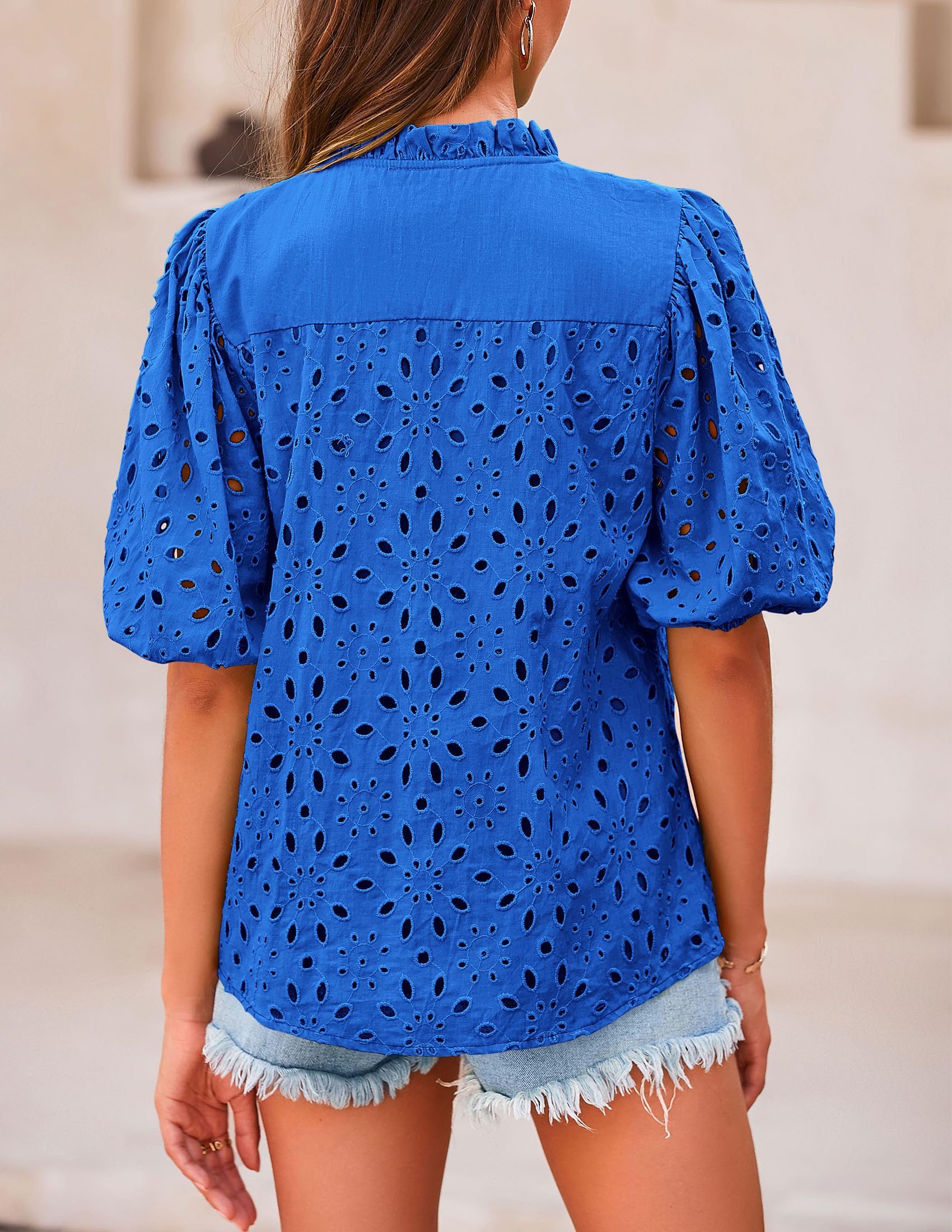 Womens Tops Boho Eyelet Puff Sleeve Blouse, Blue,S