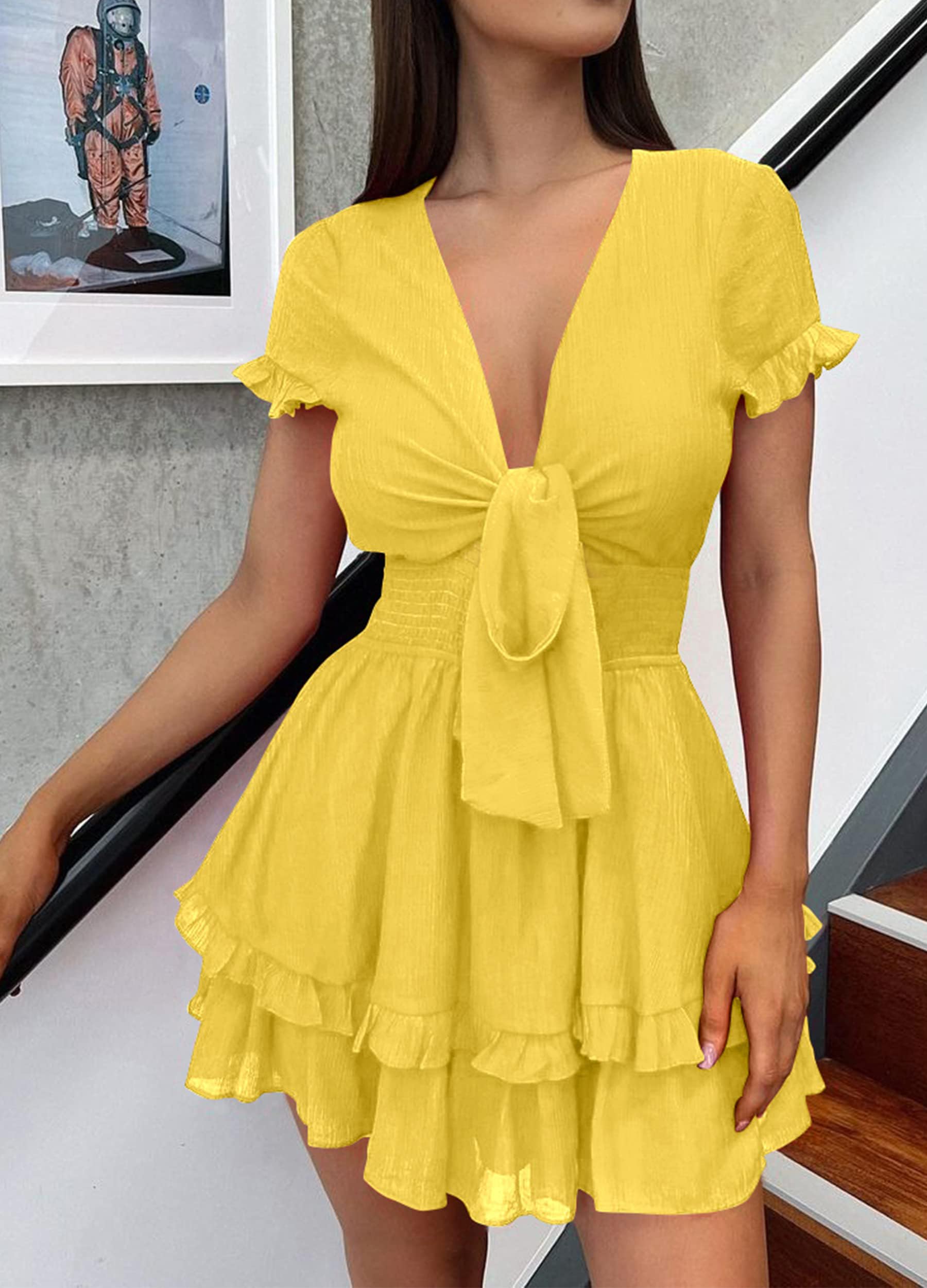 Women's Boho Floral Mini Tiered Bow Dress, Yellow,S
