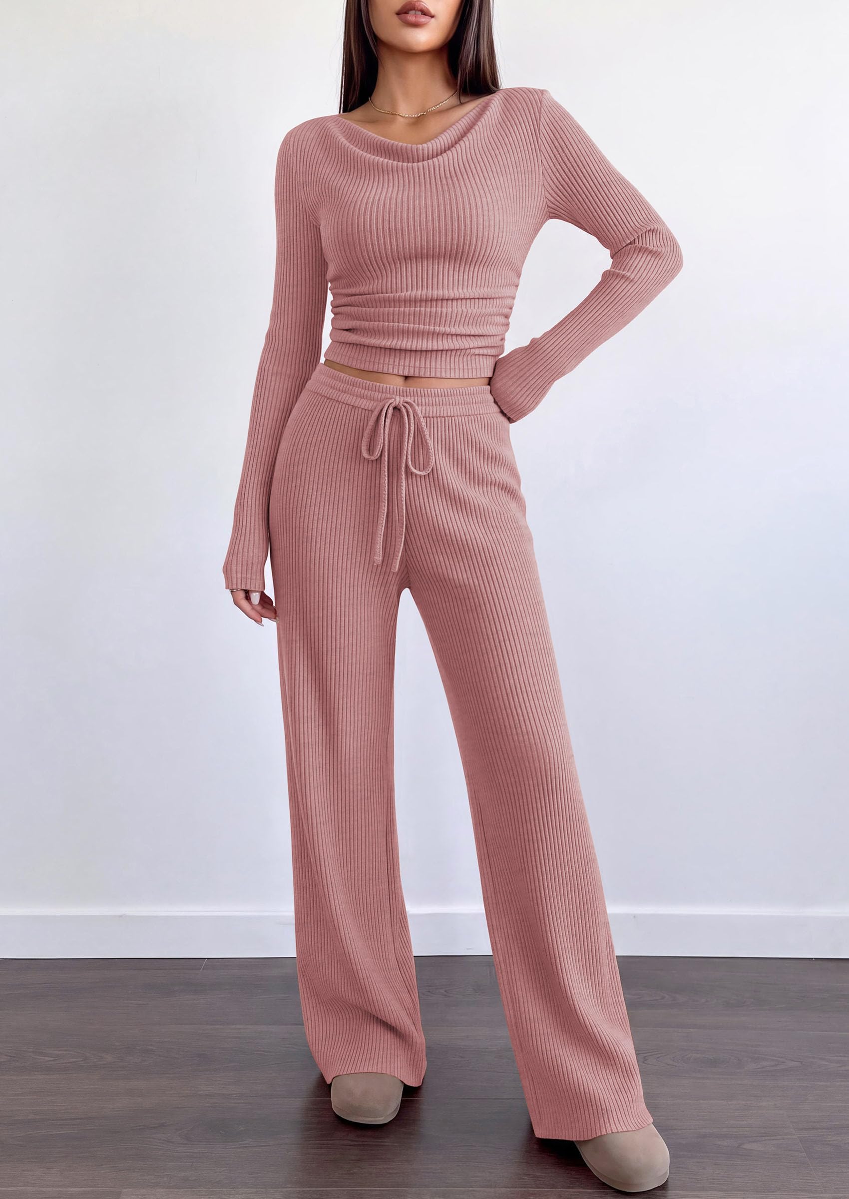 Matching Sets Women Clothing Fall Ribbed 2 Piece Lounge Set