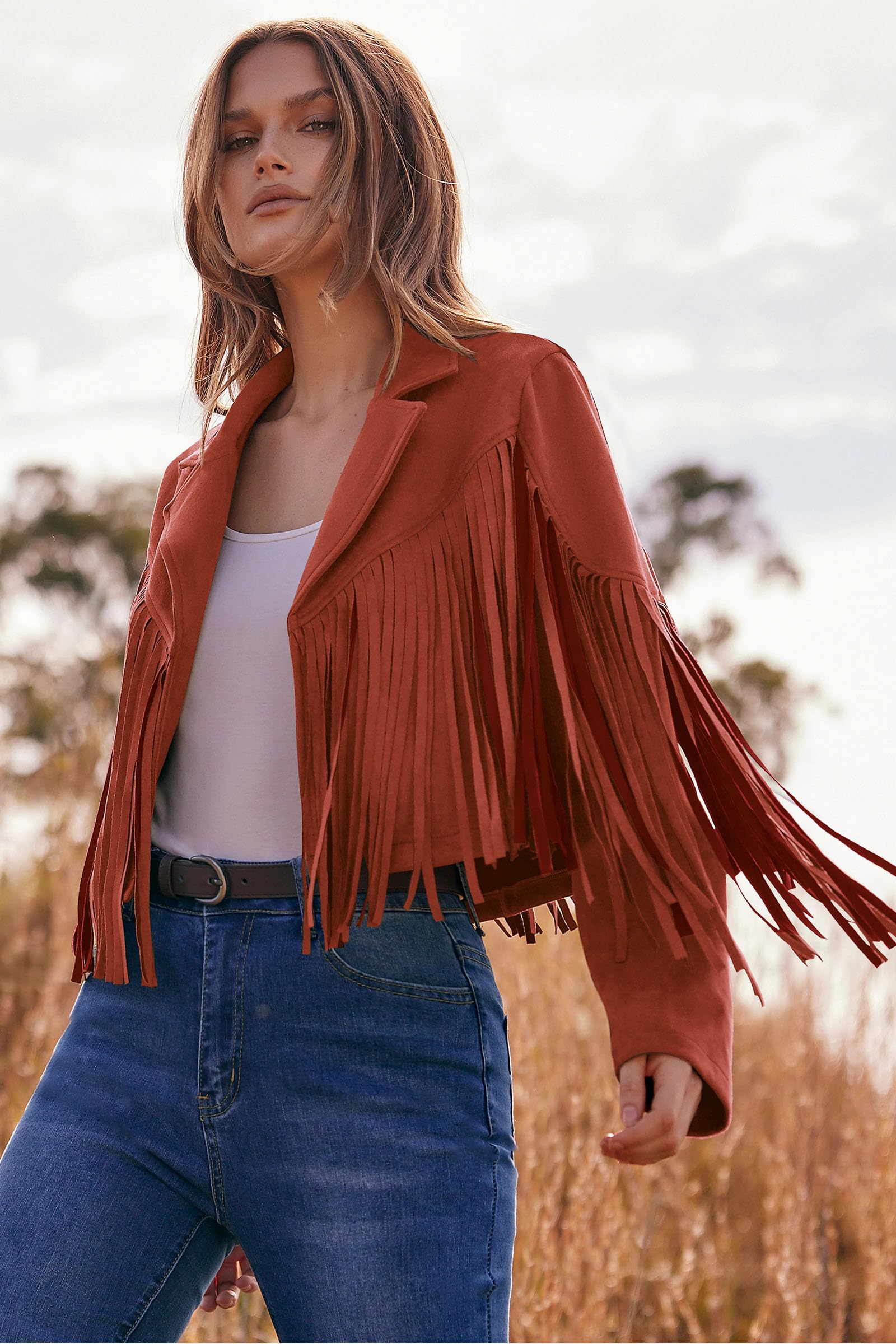 Women's Fringe Faux Suede Leather Jackets,Brick Red,S