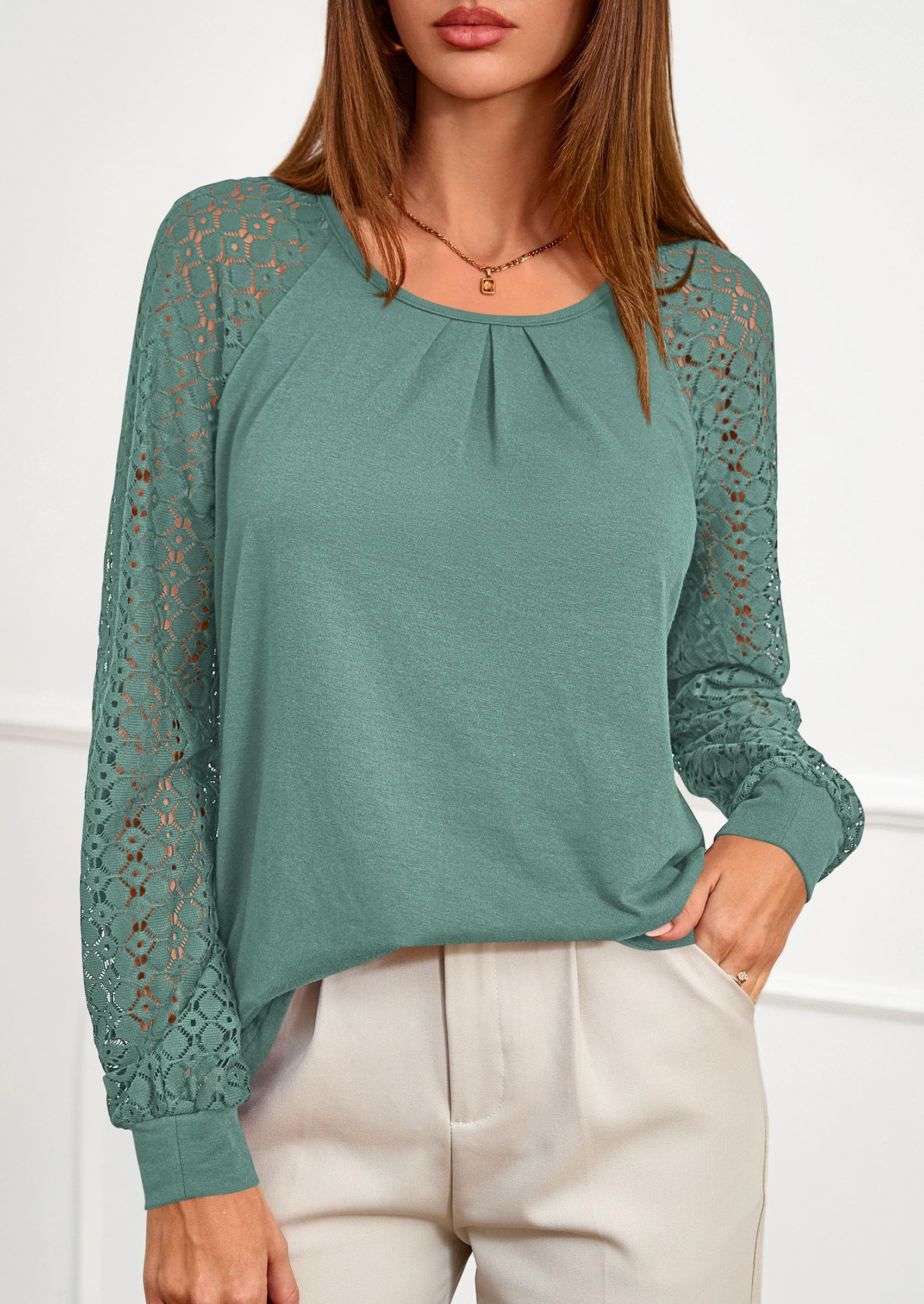 Women's Long Sleeve Shirts Fall Lace Tops,Sage Green,S
