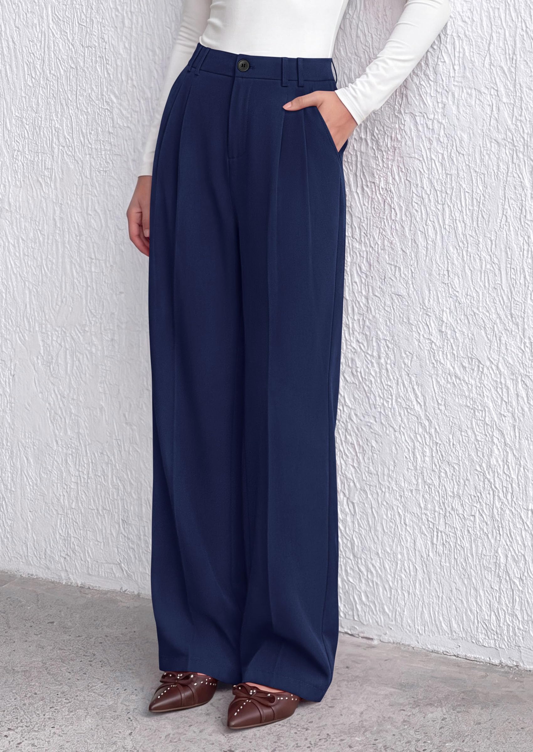 Women's Dress Pants Wide Leg Flowy Trousers,Navy Blue,S