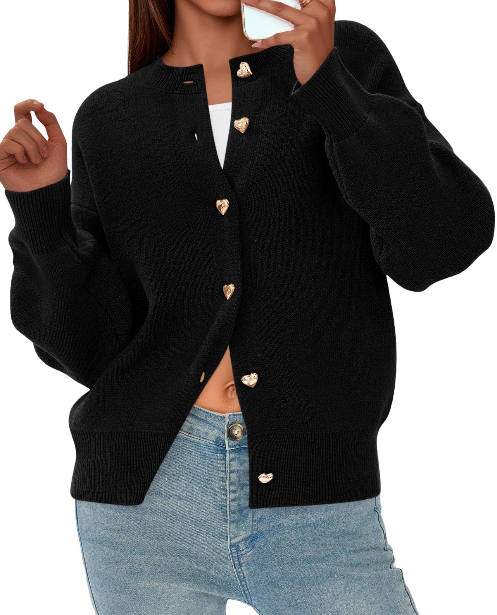Cardigan for Women 2026 Fall Fashion Long Sleeve Trendy Button Down Work Office Sweaters Cute Winter Jacket (Black,Small)