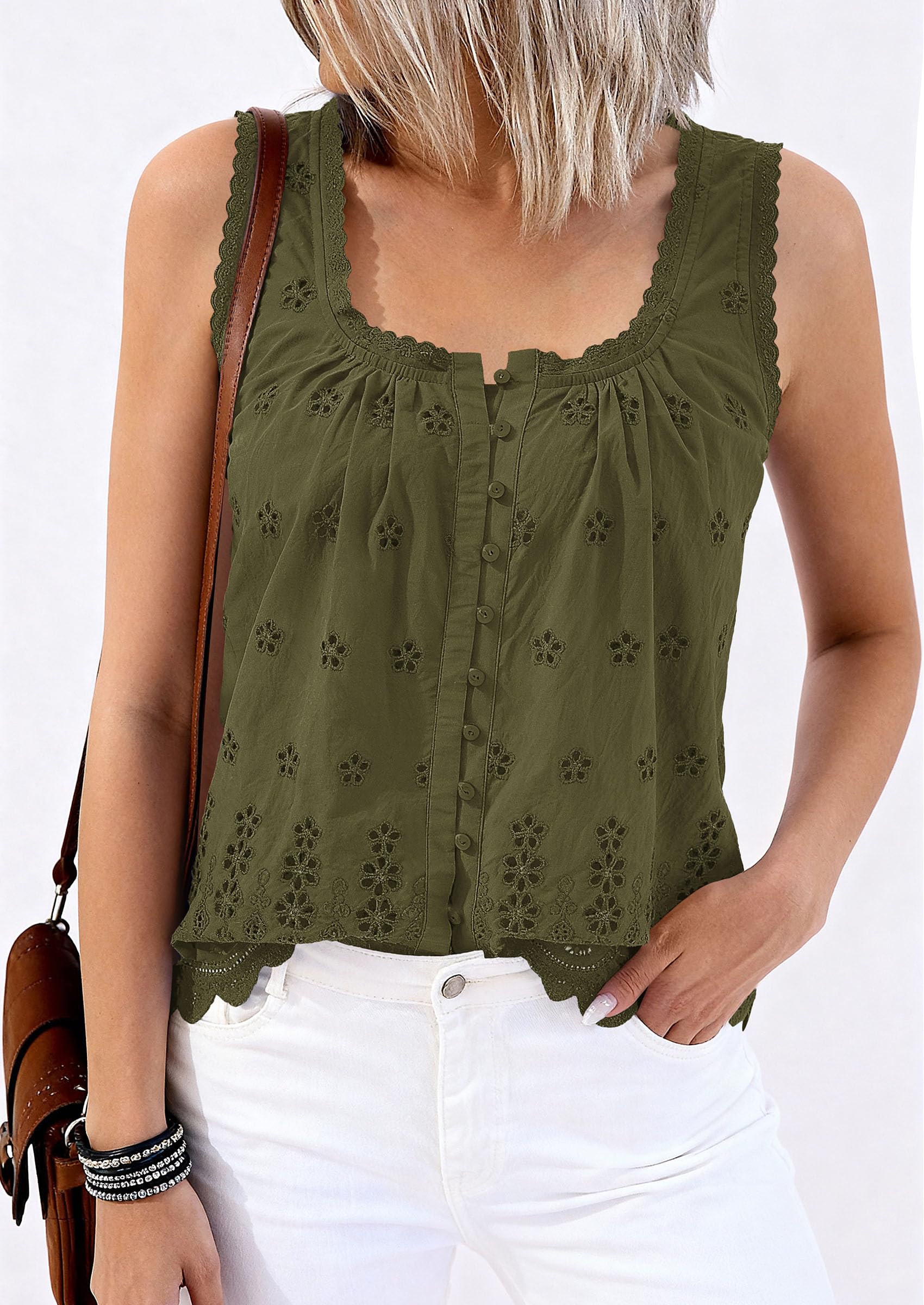 Women's Lace Tank Top Embroidery Eyelet Blouses,Army Green,S