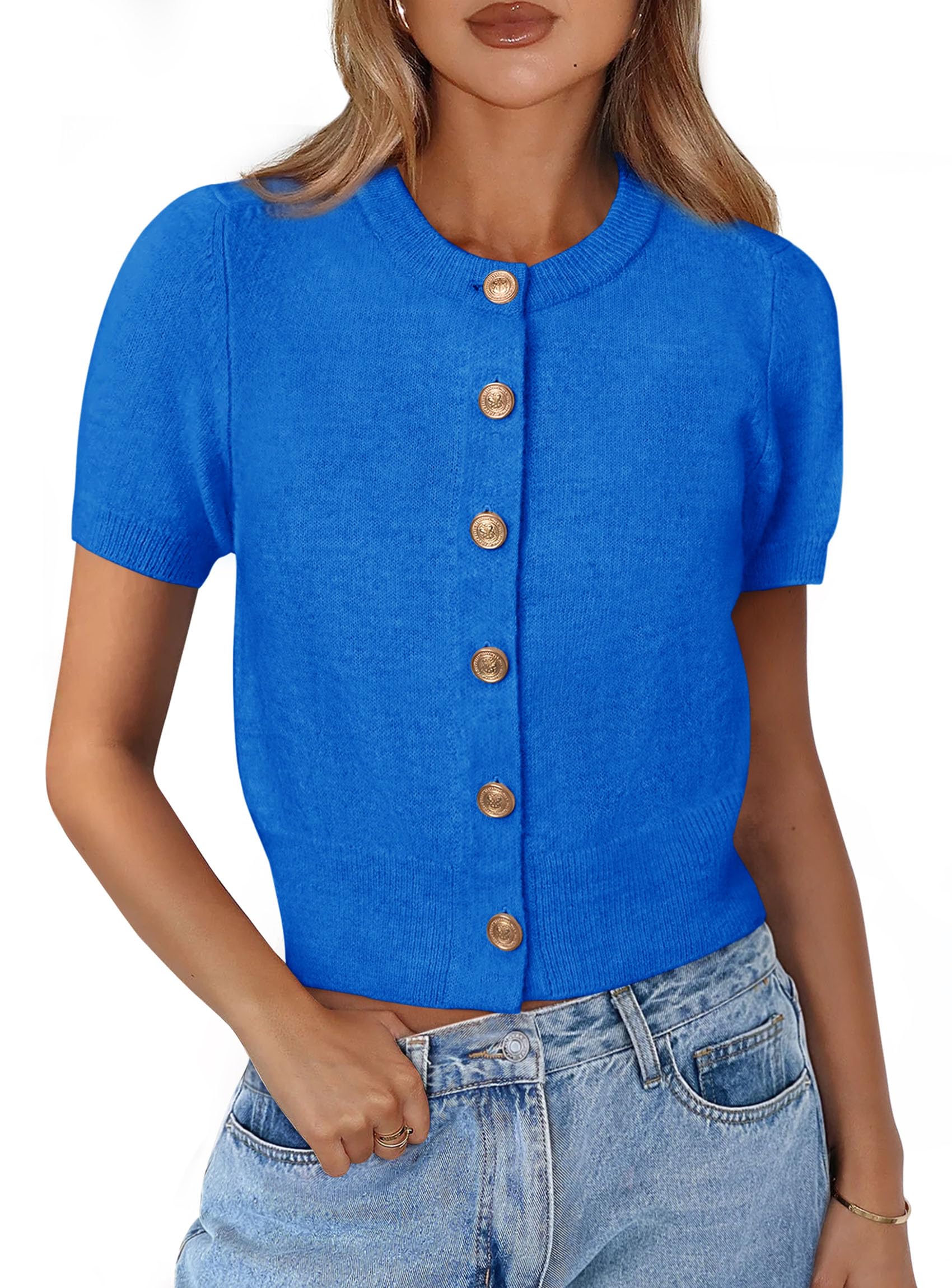 Womens Summer Cardigan Short Sleeve Sweater,Blue,S