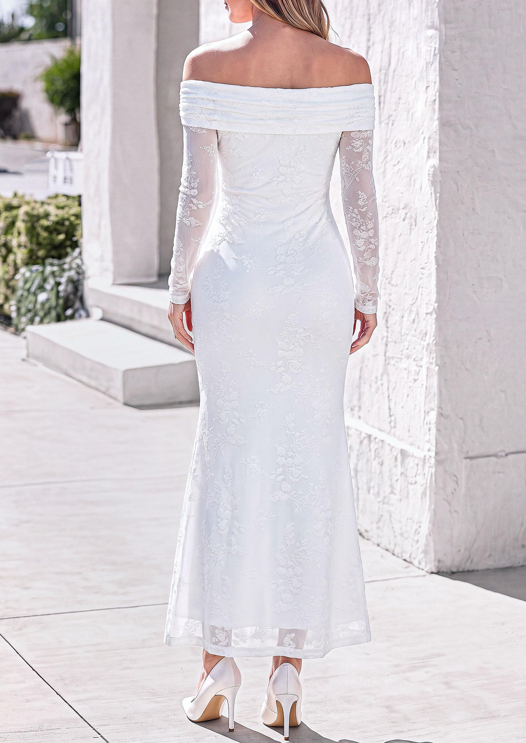 Womens Fall Off Shoulder Floral Maxi Wedding Guest Dress White