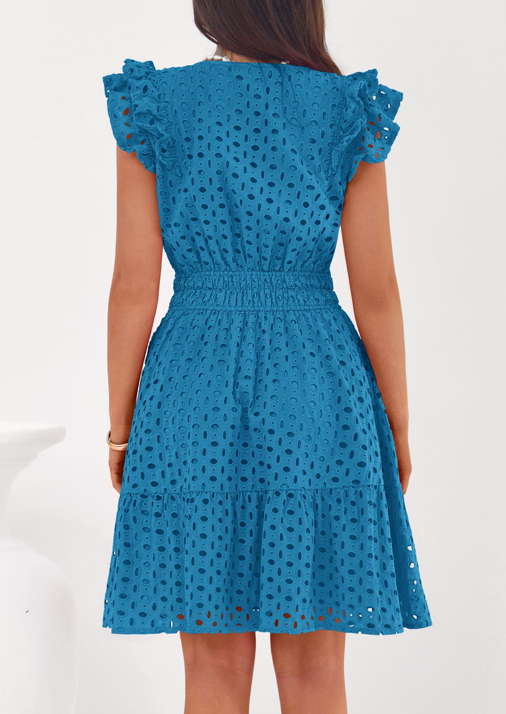 Women's Summer V Neck Eyelet Short Dress (Lake Blue,Small)