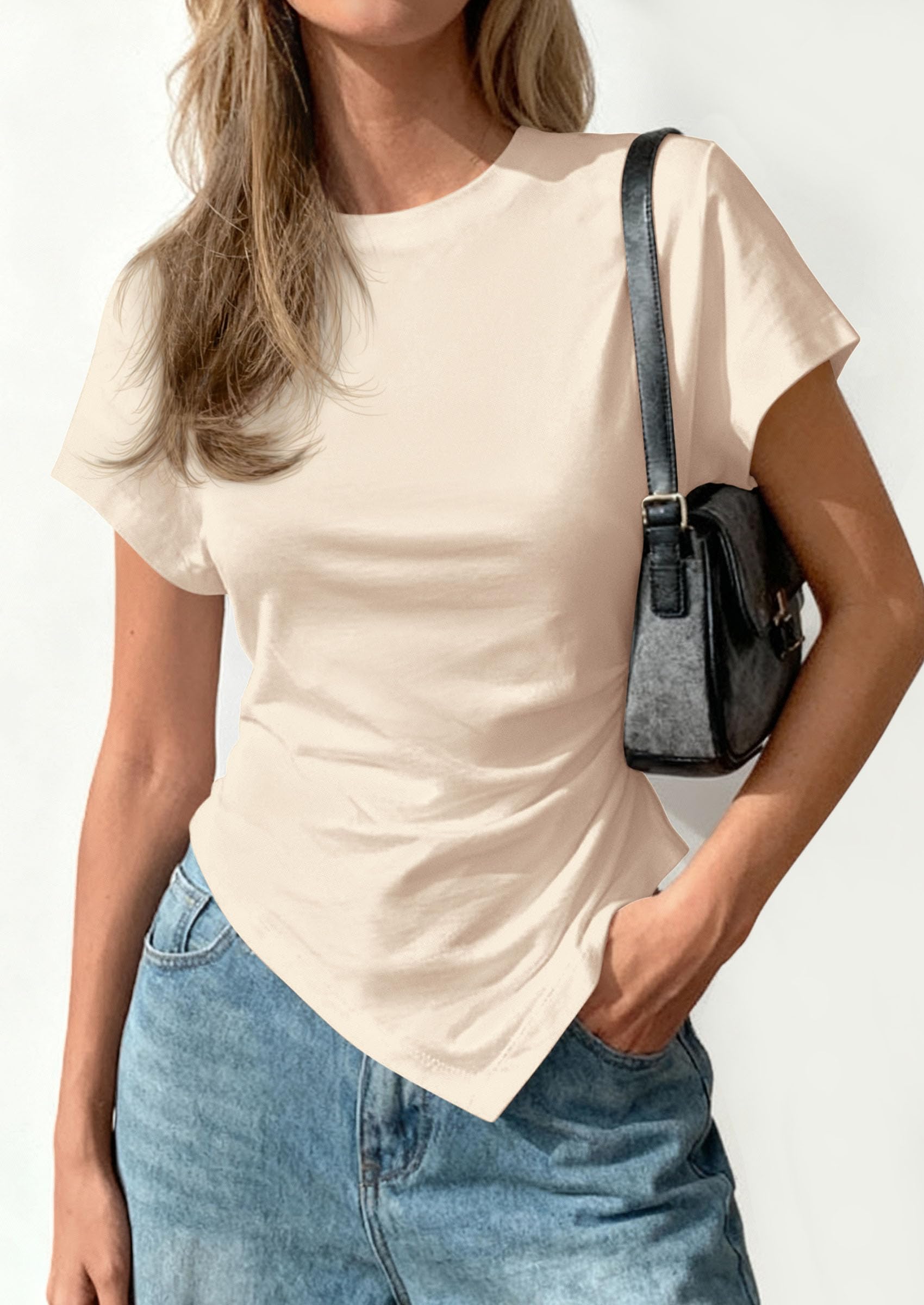 Womens Asymmetrical Summer Short Sleeve Tops,Beige,XS