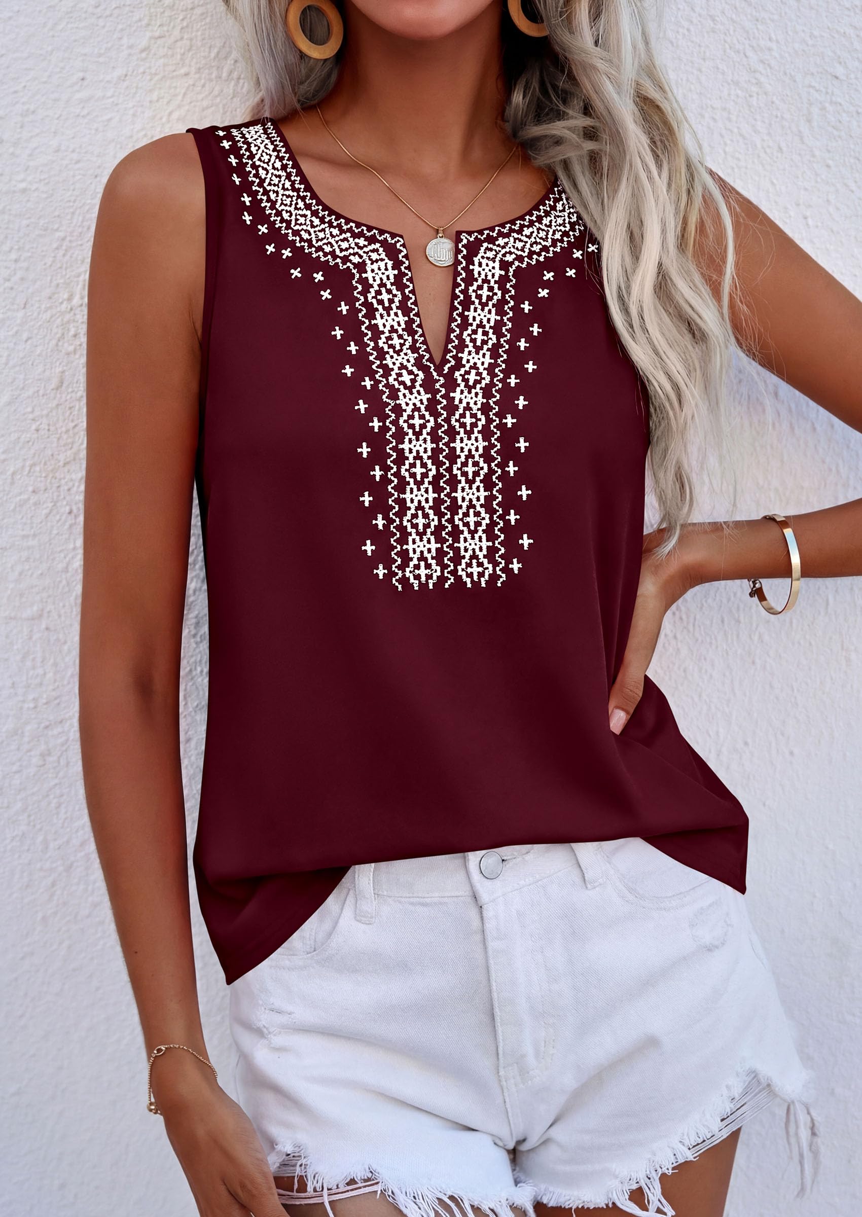 Womens Embroidered Sleeveless Tank Tops Wine Red,S