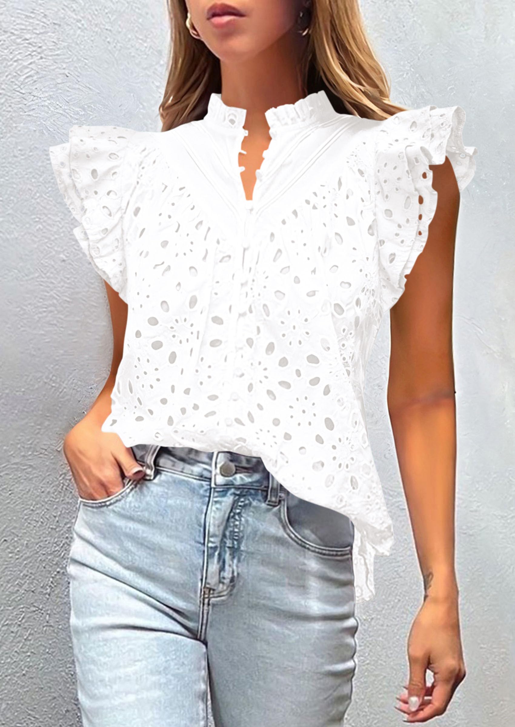 Women's Eyelet V Neck Summer Tops Dressy Casual White,S