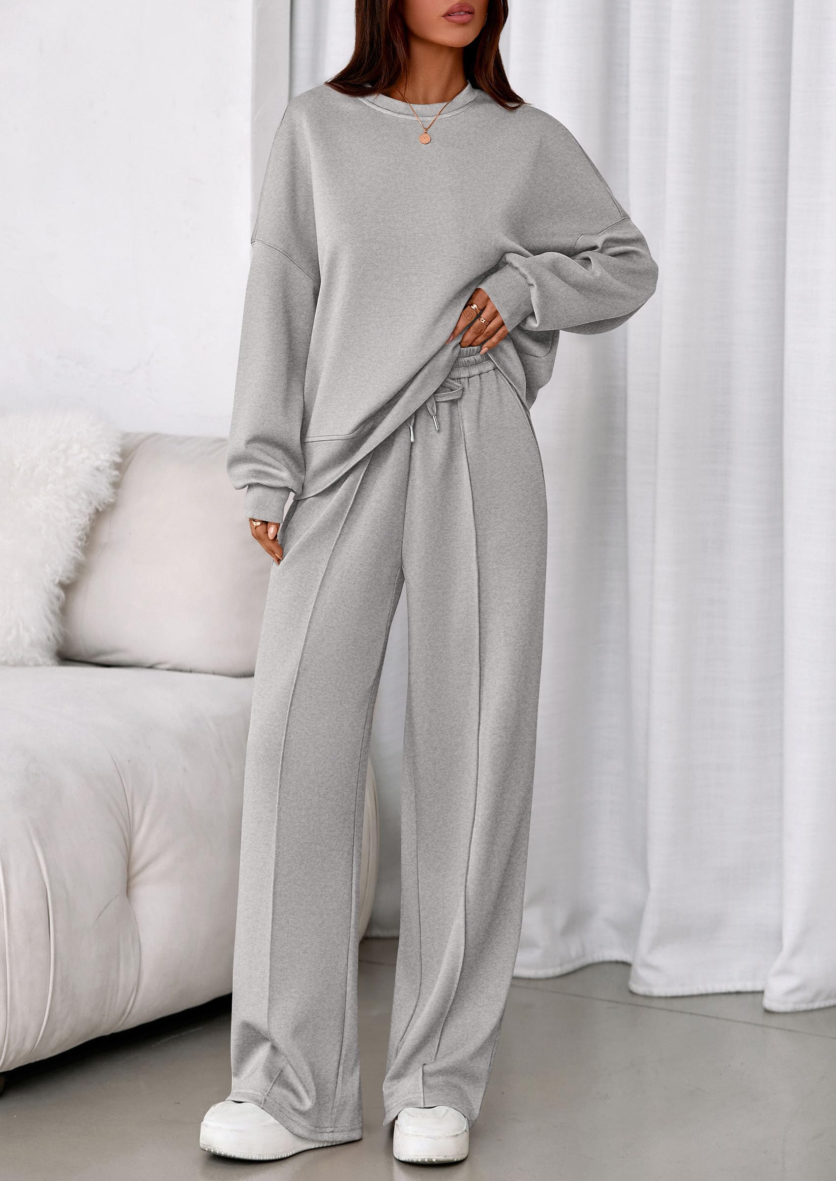 Womens Long Sleeve Sweatshirt 2 Piece Sets,Grey,S