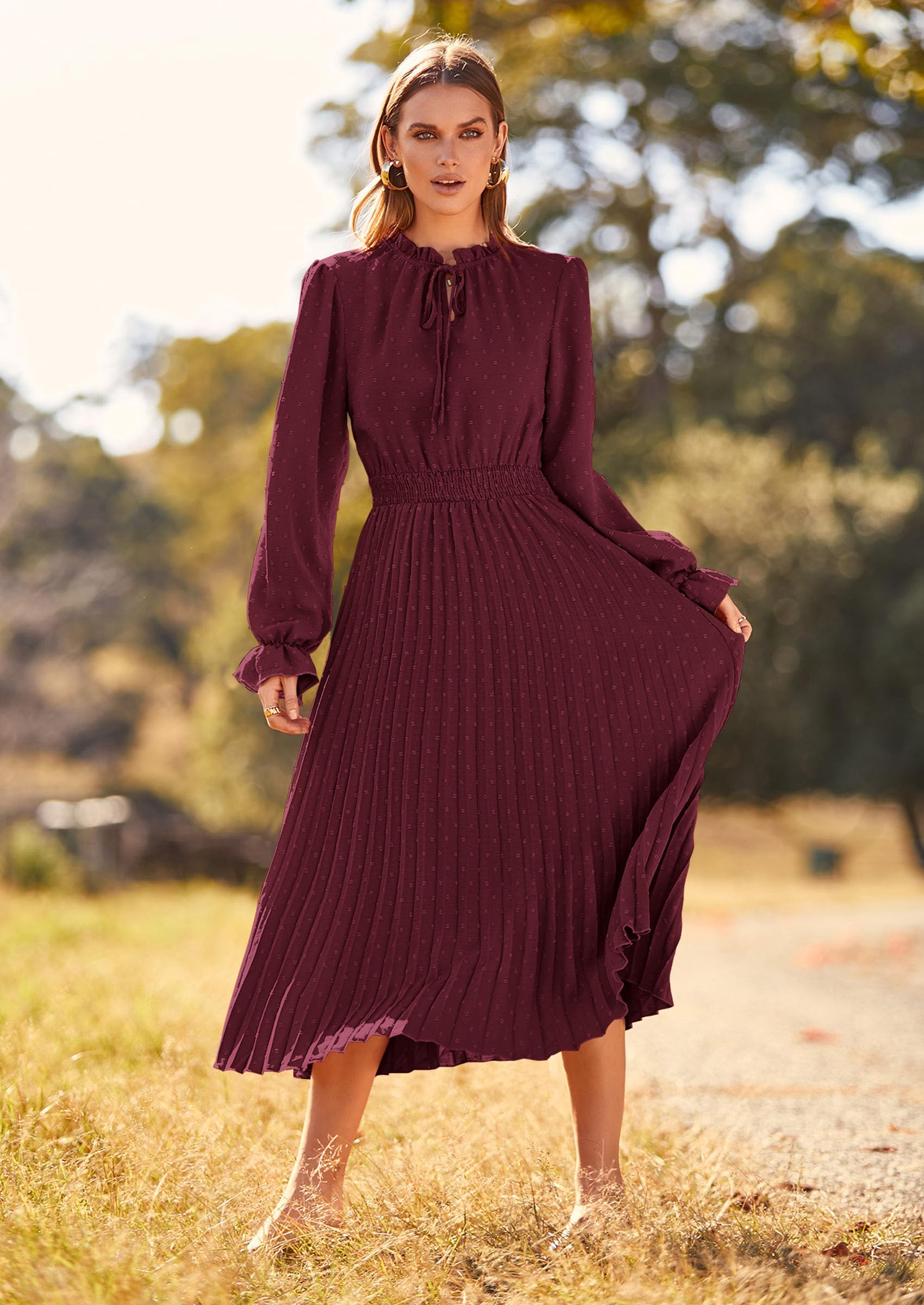 Women's Fall Midi Wedding Guest Dress(Dark Wine Red,Small)