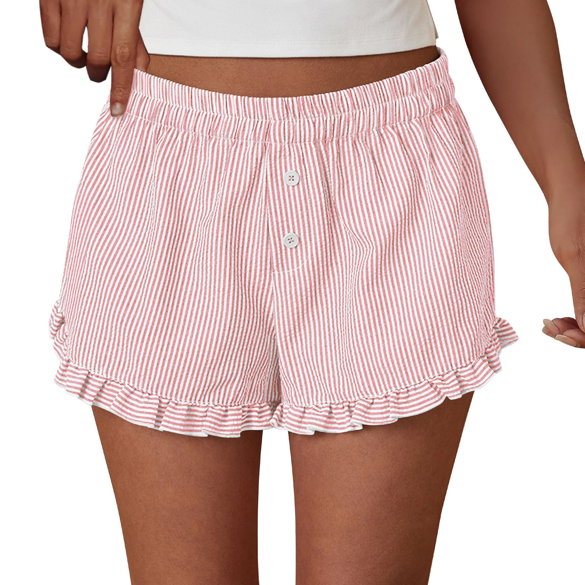 Womens Boxer Shorts Striped Gingham Ruffle Pajama Bottoms