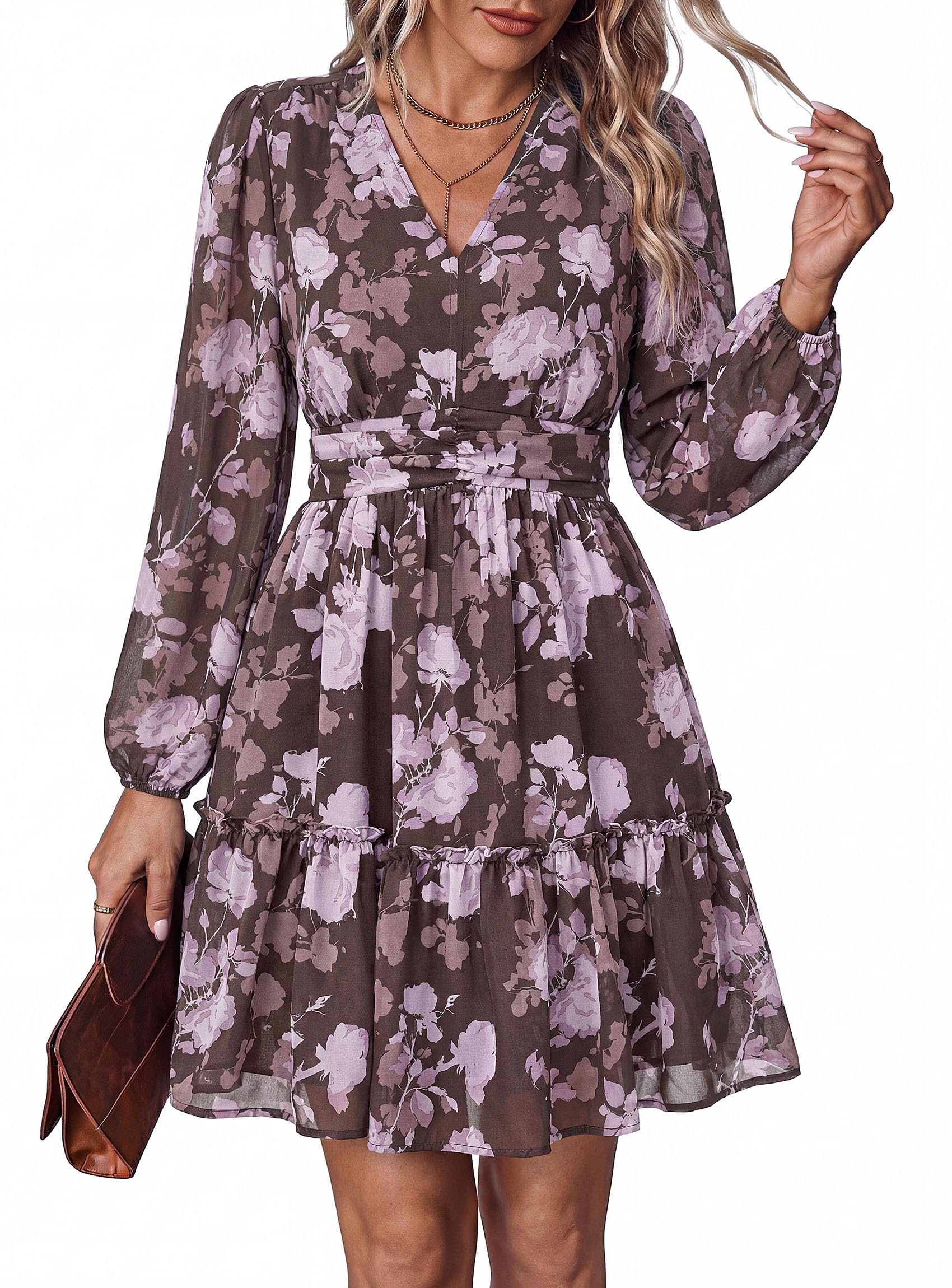 Women Floral Long Sleeve Mini Dress Fall Wedding Guest Dresses