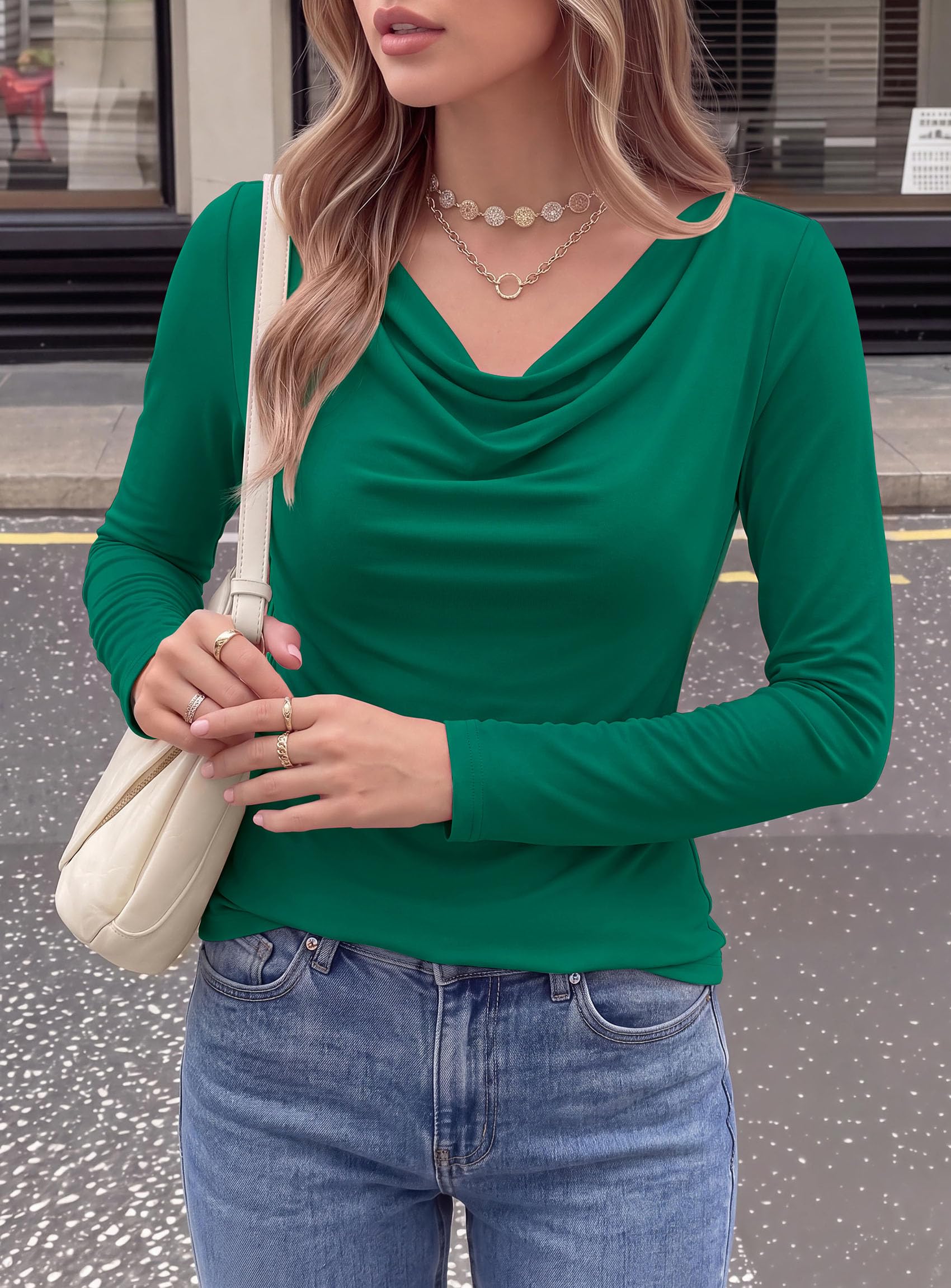 Cowl Neck Tops for Women Fashion Long Sleeve Shirt Dark Green