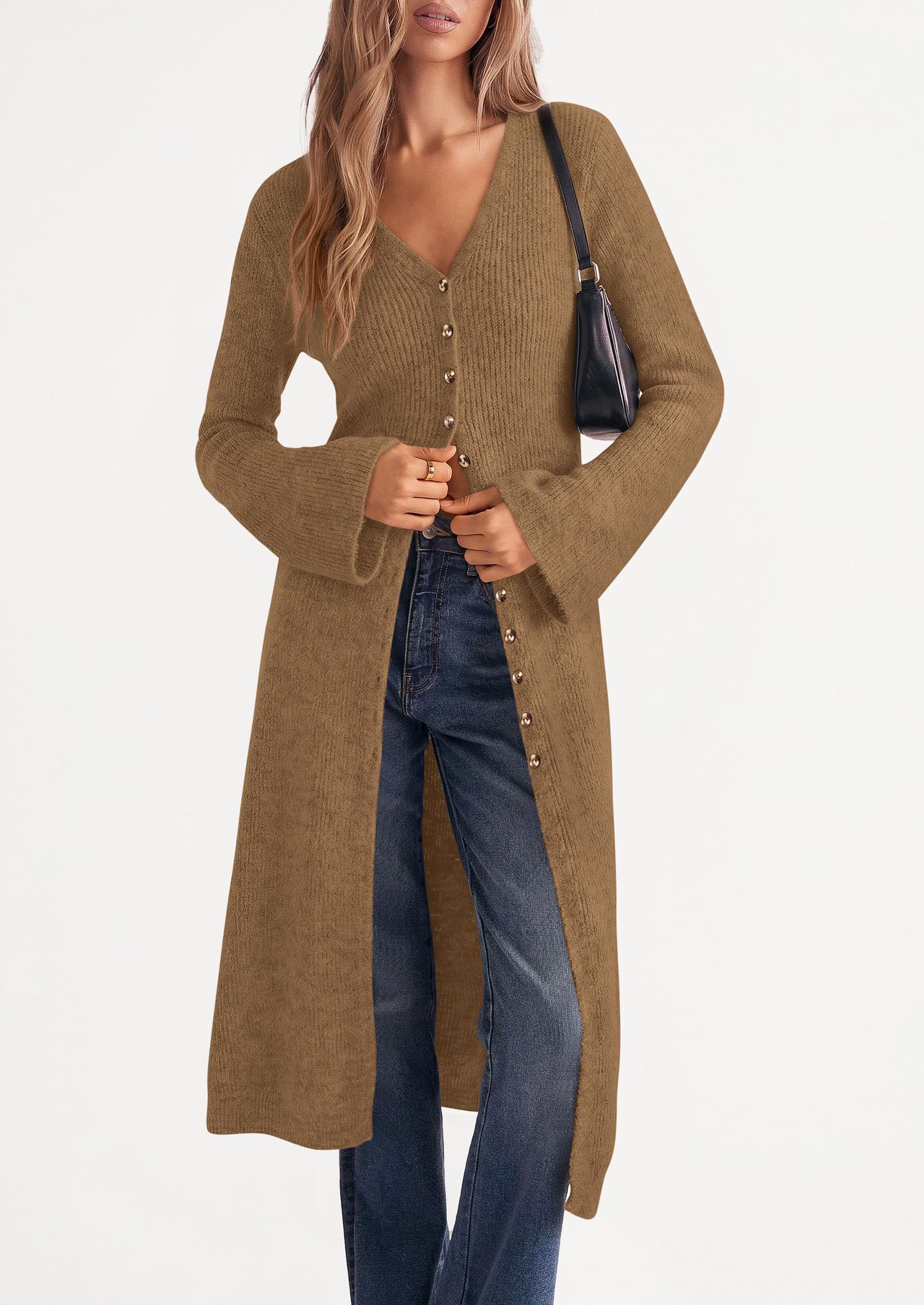 Women Long Cardigan Bell Sleeve Sweater Dress (Dark Khaki,S)
