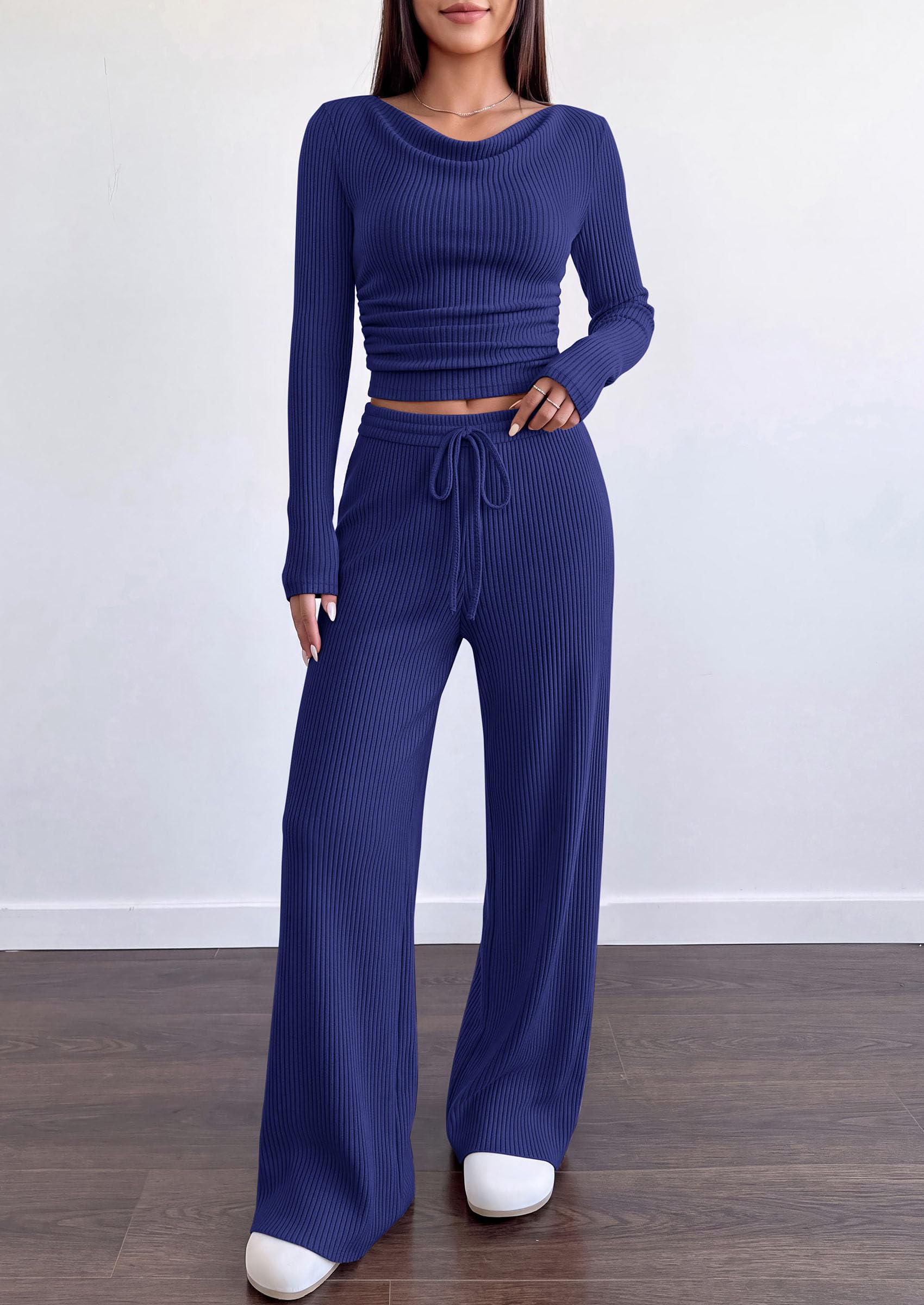 Matching Sets Women Clothing Fall Ribbed 2 Piece Lounge Set