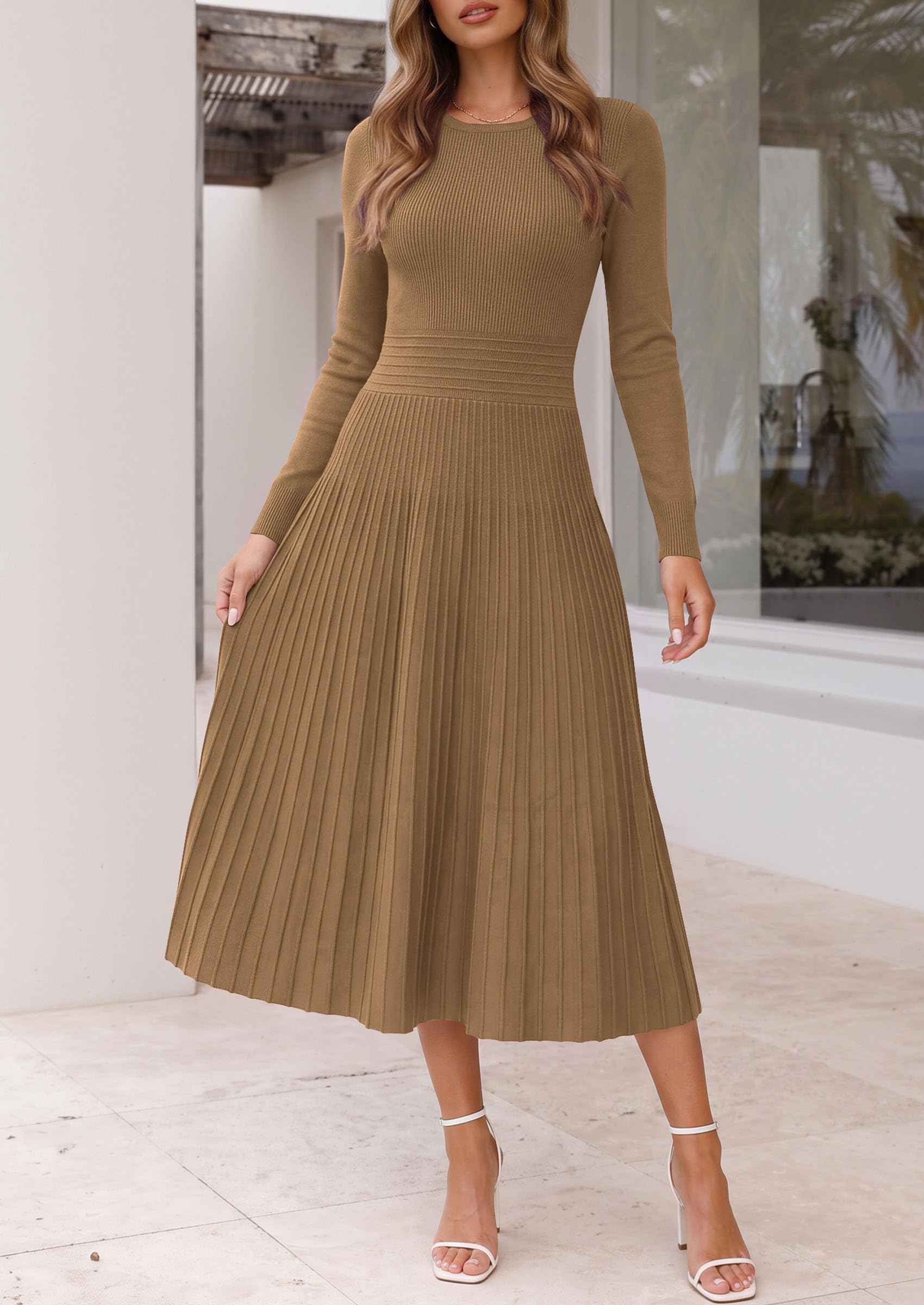 Women's Long Sleeve Knit Maxi Sweater Dress,Khaki,S