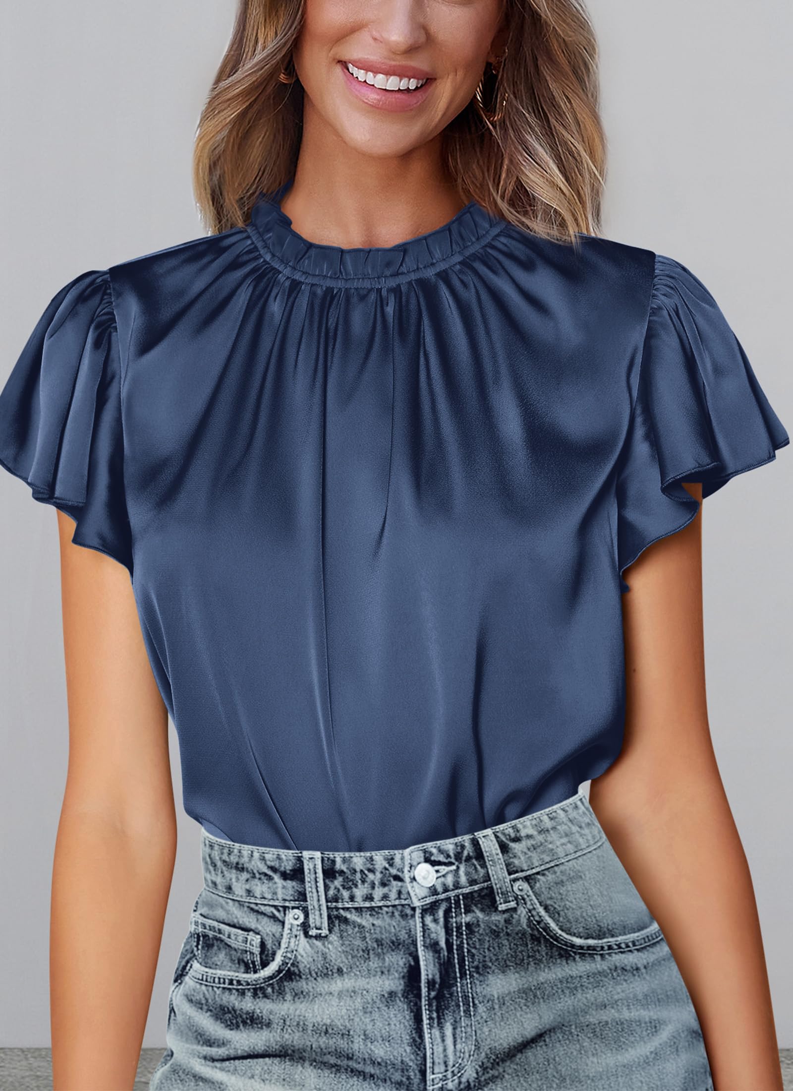 Women's Satin Tops Business Casual Work Blouses, Navy,S