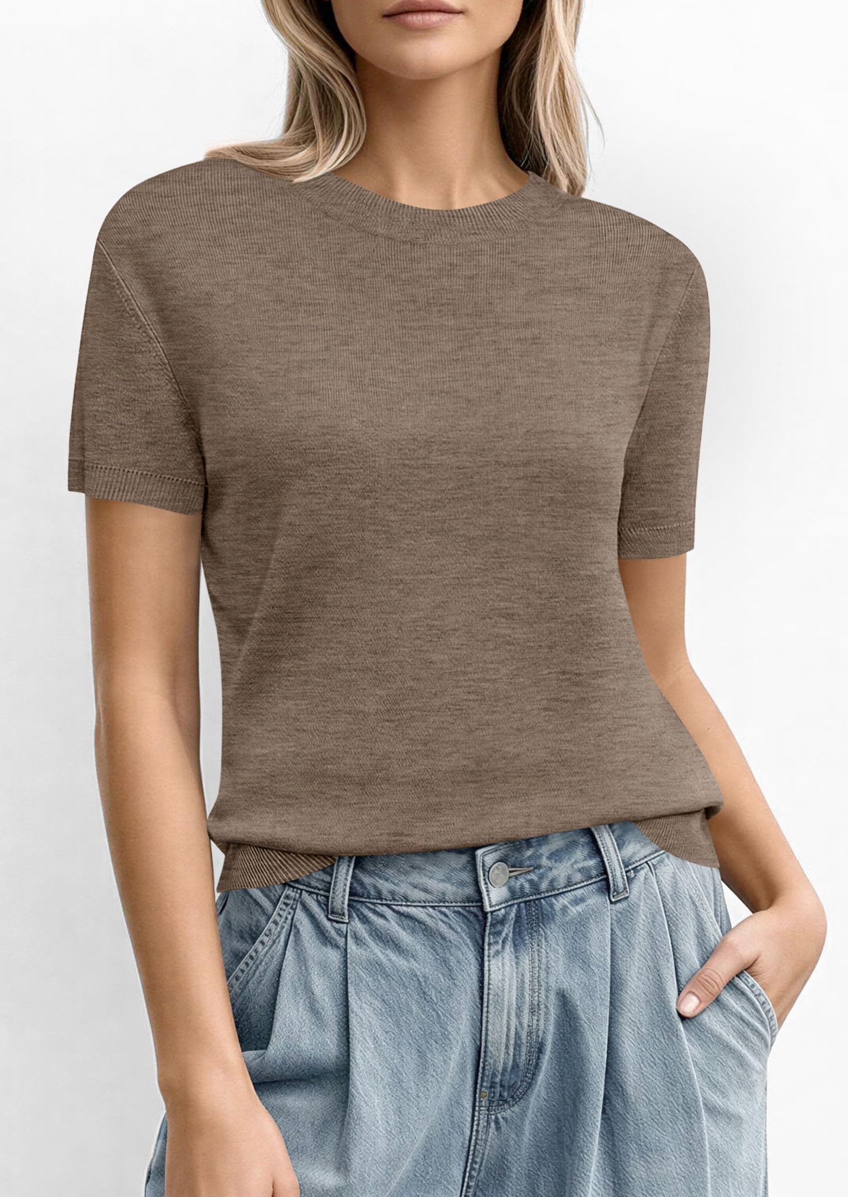 Women's Short Sleeve Sweaters Summer Tops,Khaki,S
