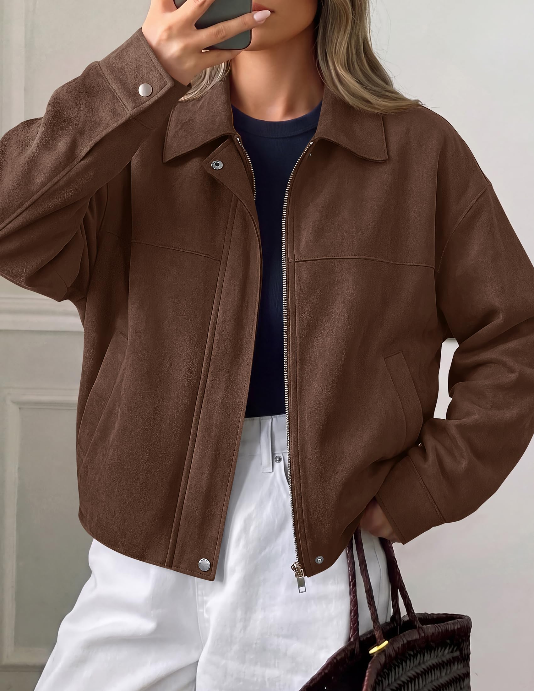 Women's Faux Suede Cropped Fall Jackets,Dark Brown,S