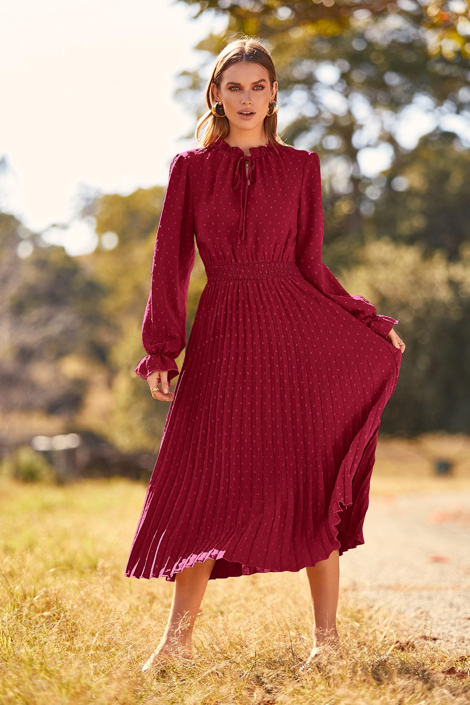 Womens Pleated Midi Dress Casual Long Sleeve V Neck Swiss Dot Beach Flowy Dresses (Wine Red,Small)