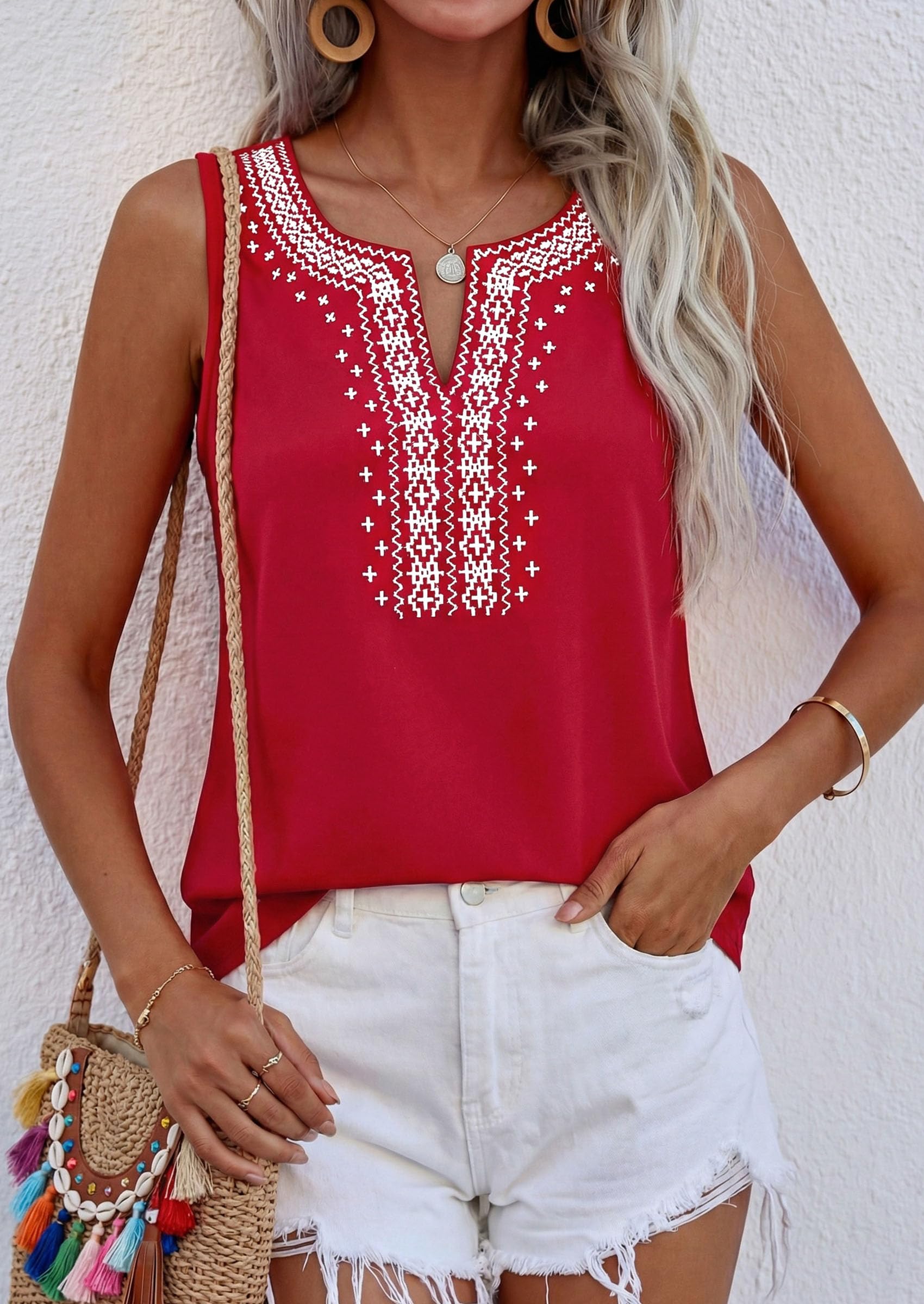 Womens Embroidered Sleeveless Tank Tops Red,S