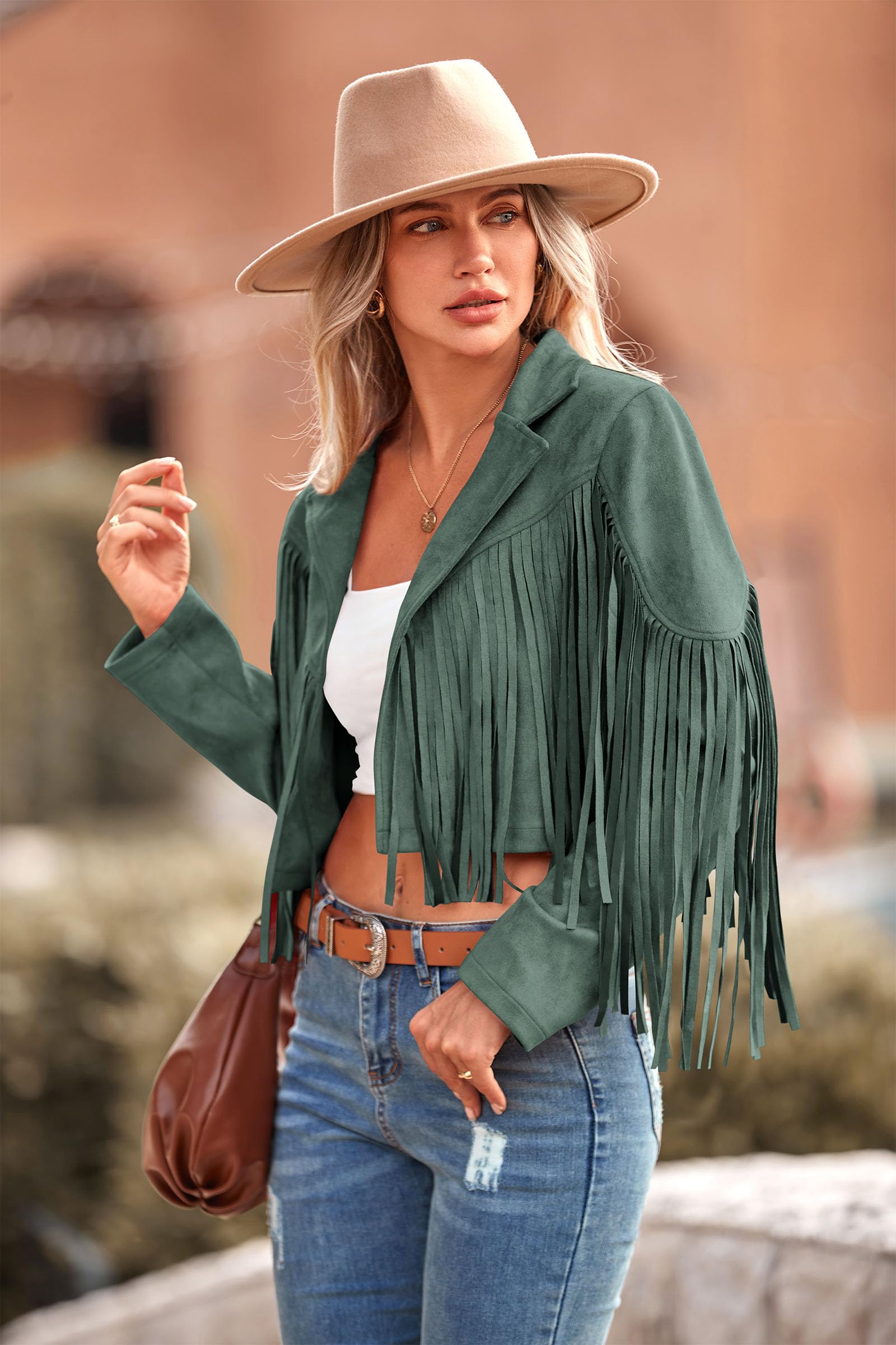 Women's Fringe Faux Suede Leather Jackets,Green,S