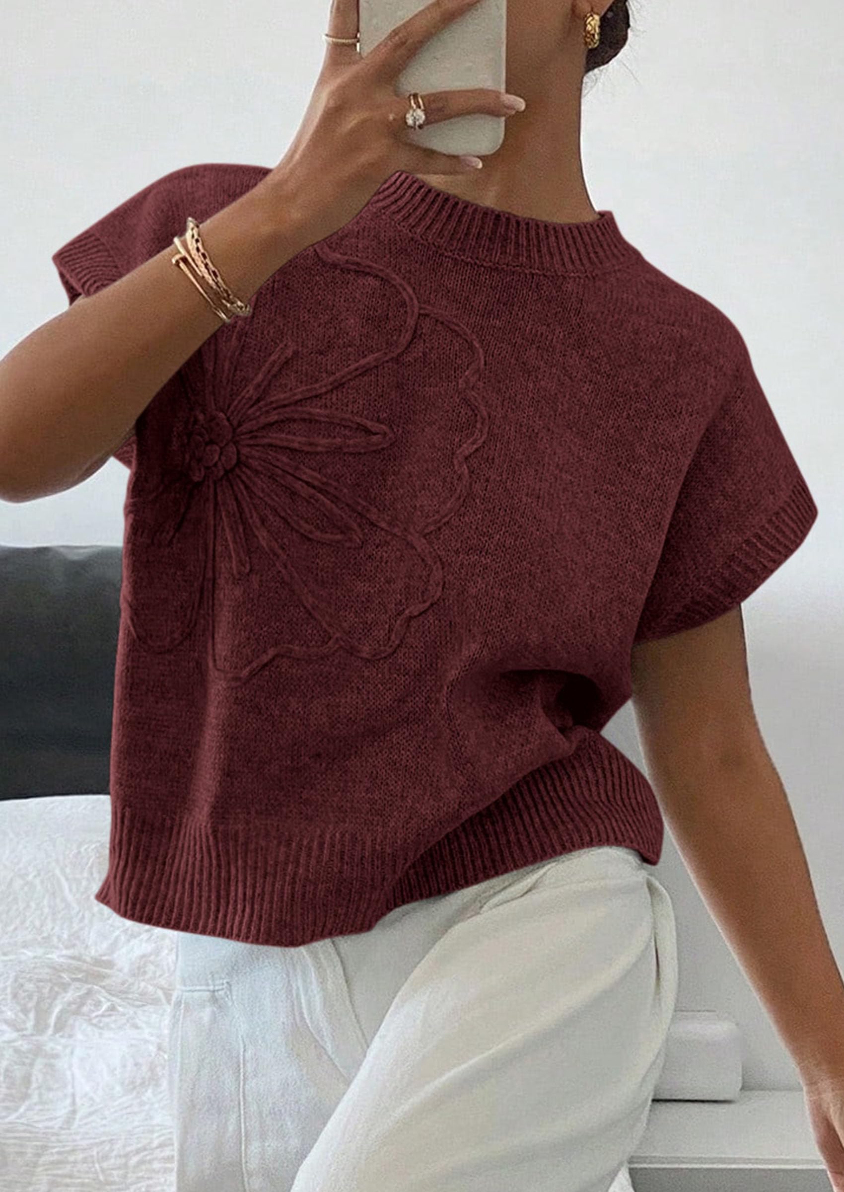 Women's Summer Short Cap Sleeve Sweater Vest (Red Brown,S)