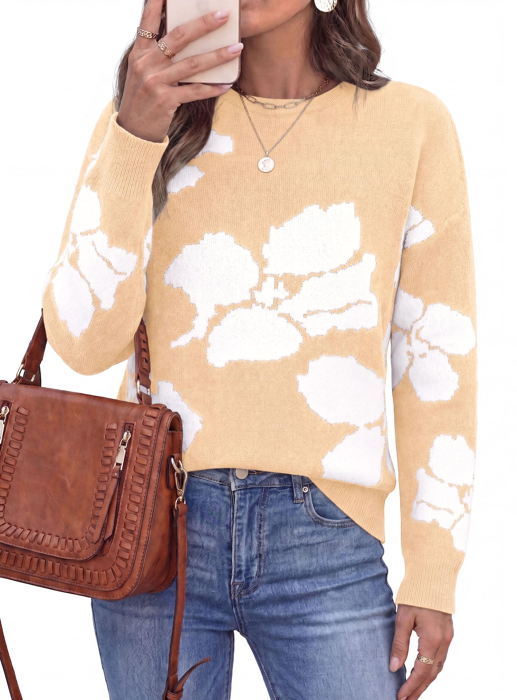 Womens Floral Sweater Crewneck Printed Pullover Tops Apricot