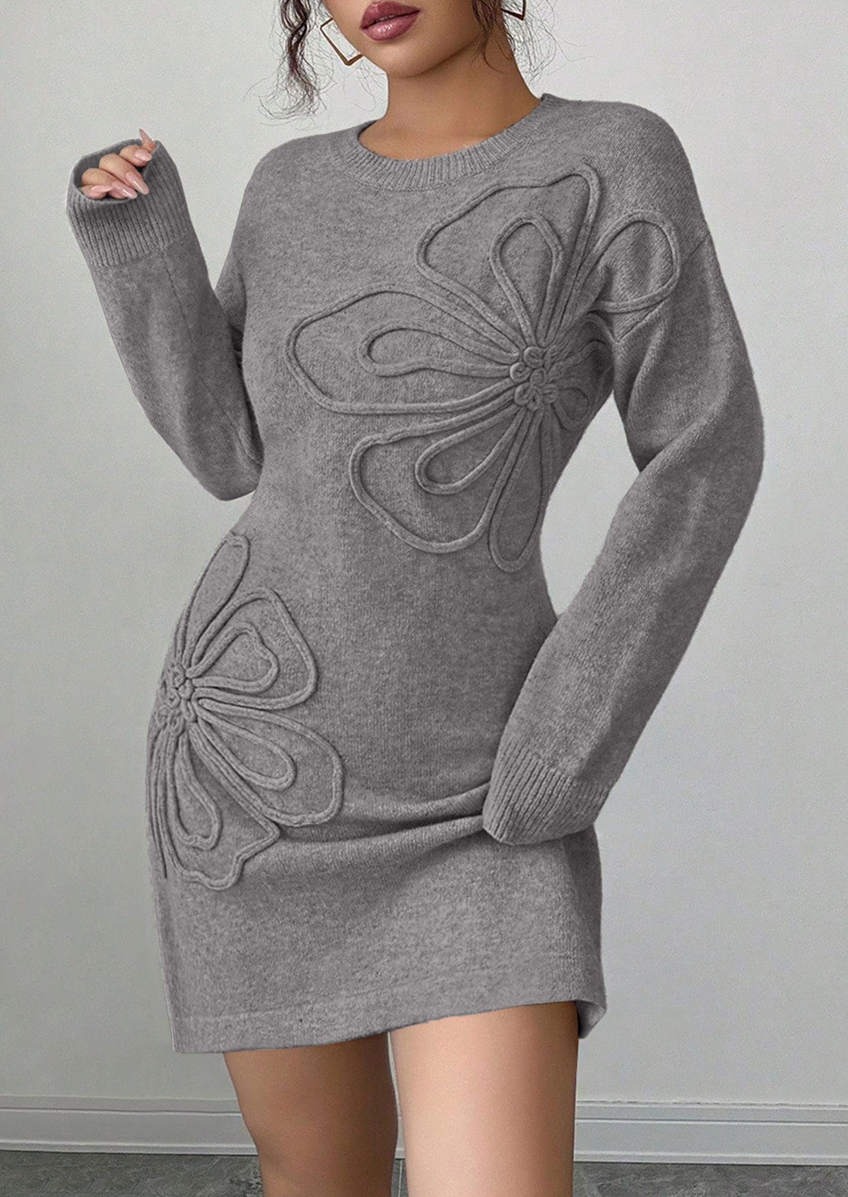 Women's Embroidered Long Sleeve Bodycon Mini Sweater Dress