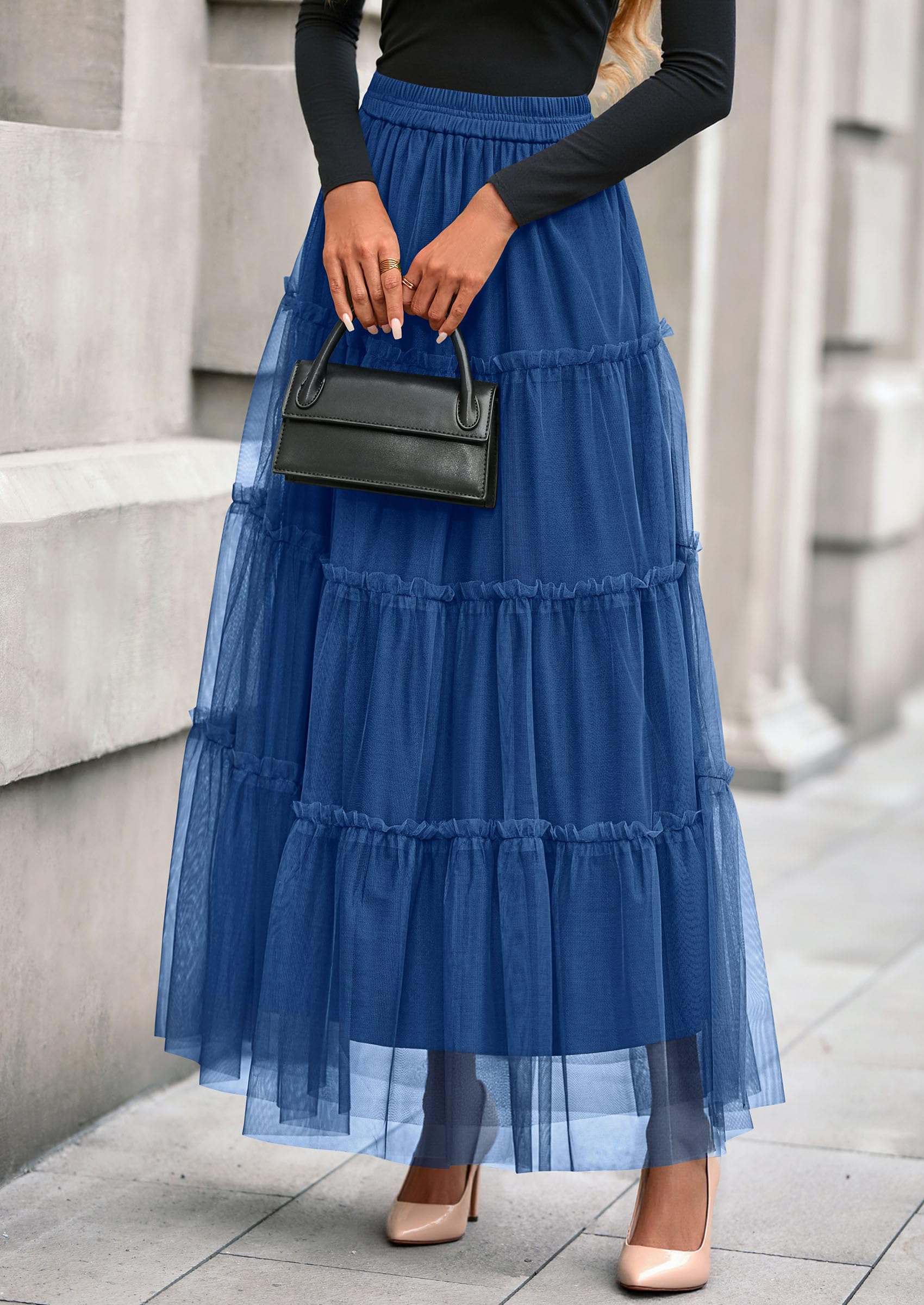 Women's Fall Soft Tulle Tiered Long Skirt,Blue,S
