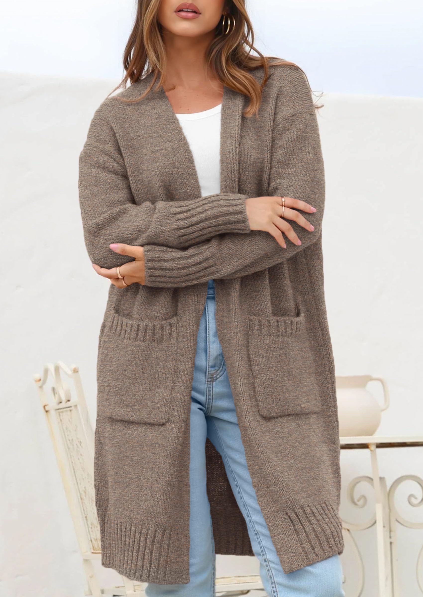 Open Front Cardigan Sweaters for Women,Brown,S