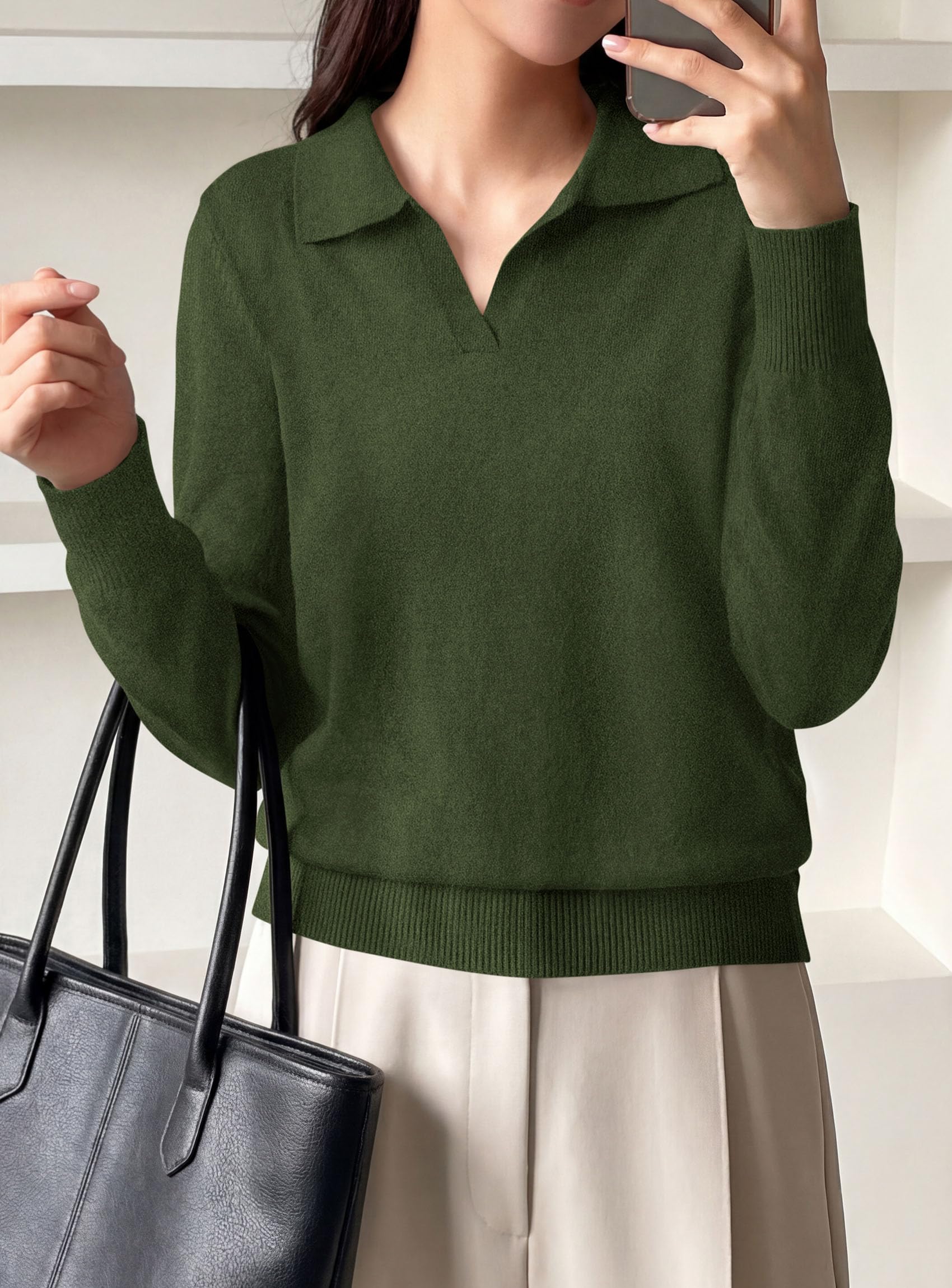 Womens Long Sleeve Collared Polo Sweater,Army Green,S