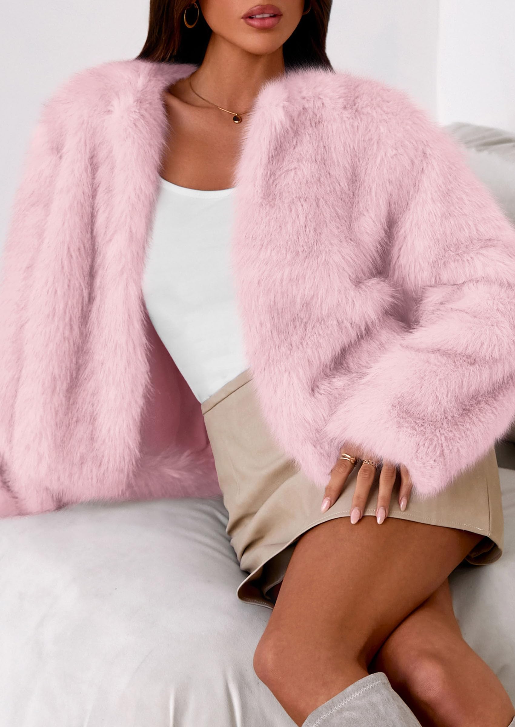 Womens Winter Coats Open Front Faux Fur Jacket,Pink,M