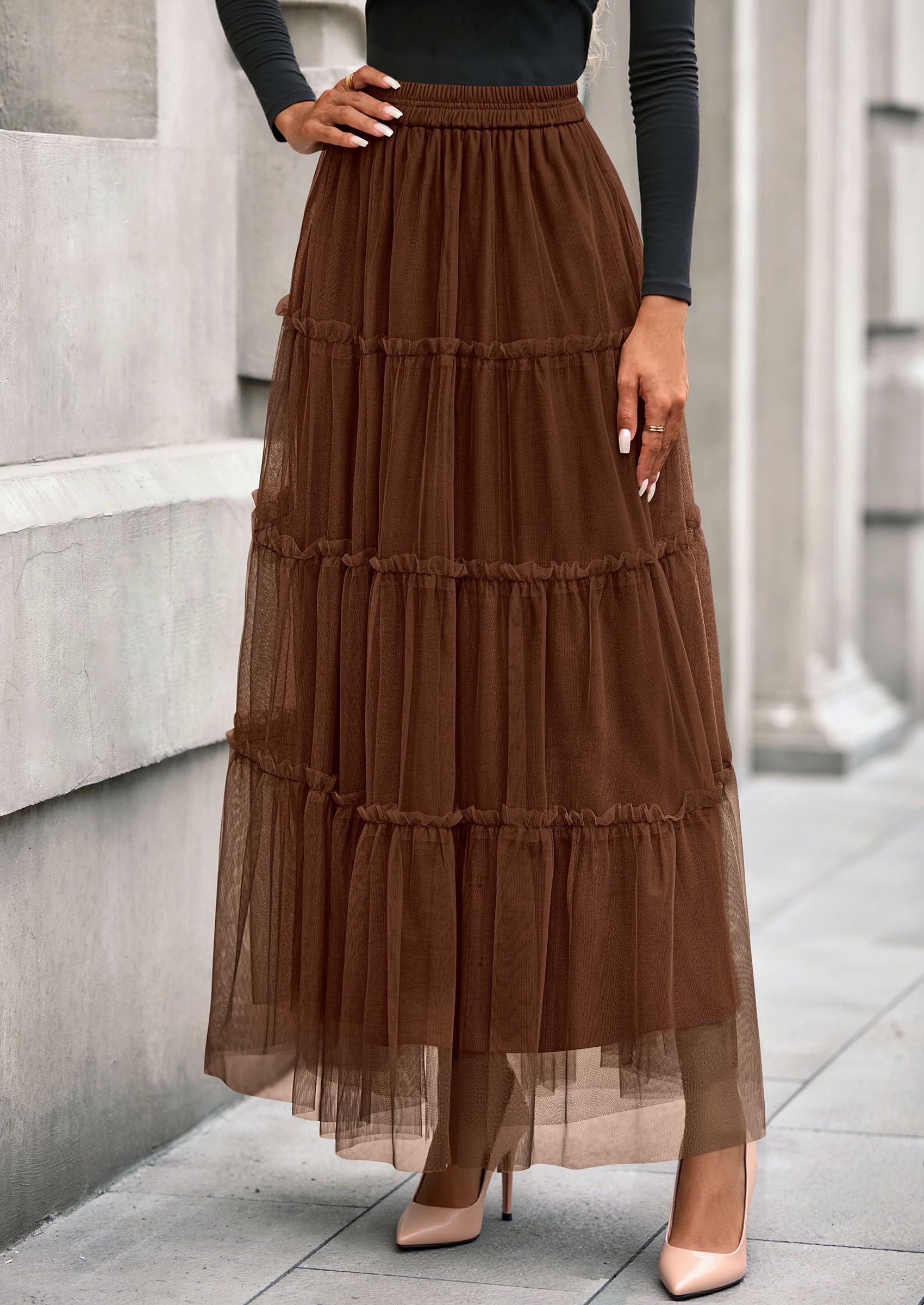 Women's Fall Soft Tulle Tiered Long Skirt,Brown,S