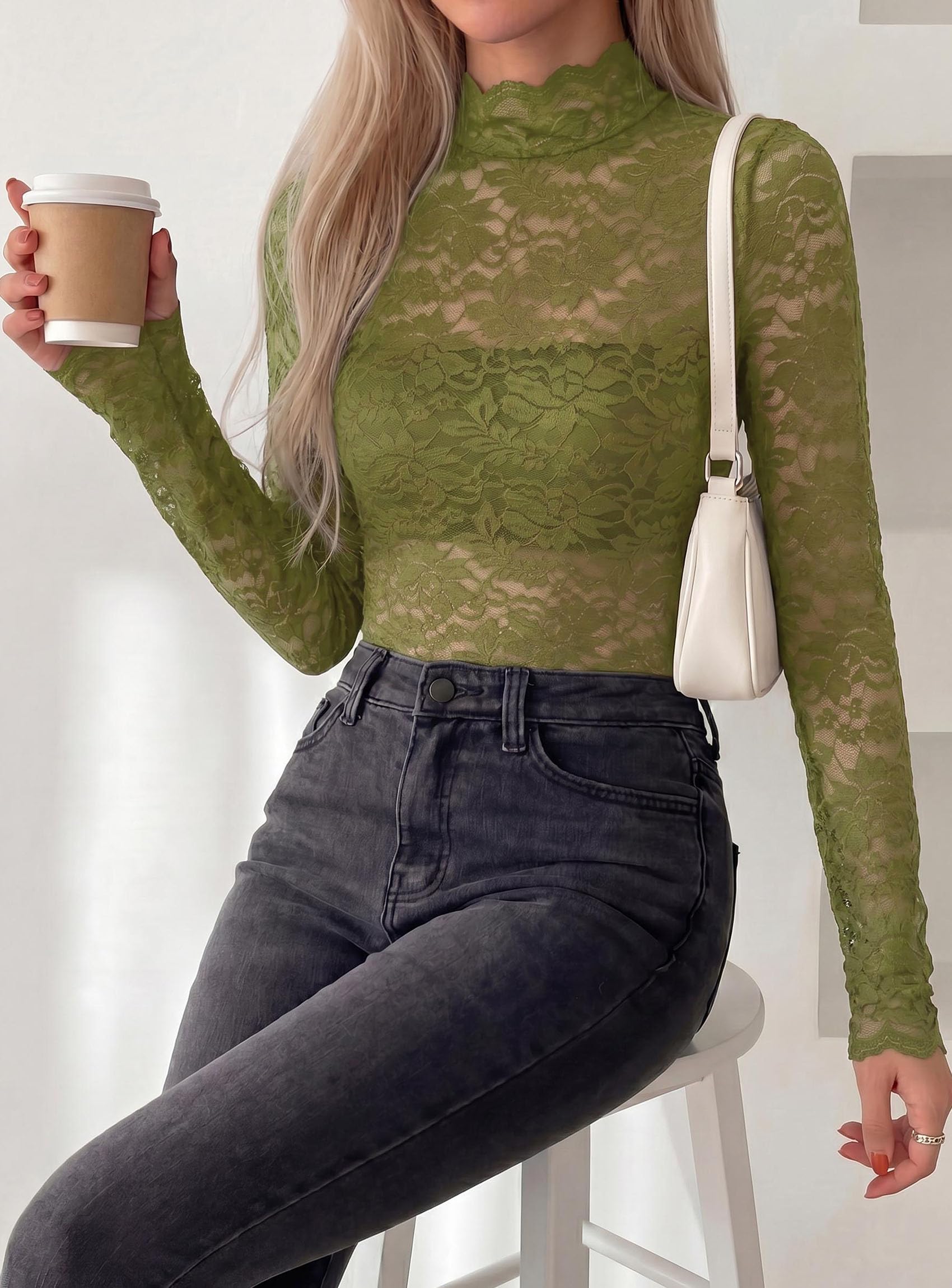 Womens Lace Long Sleeve Tops Sheer Mesh Blouse Green,S