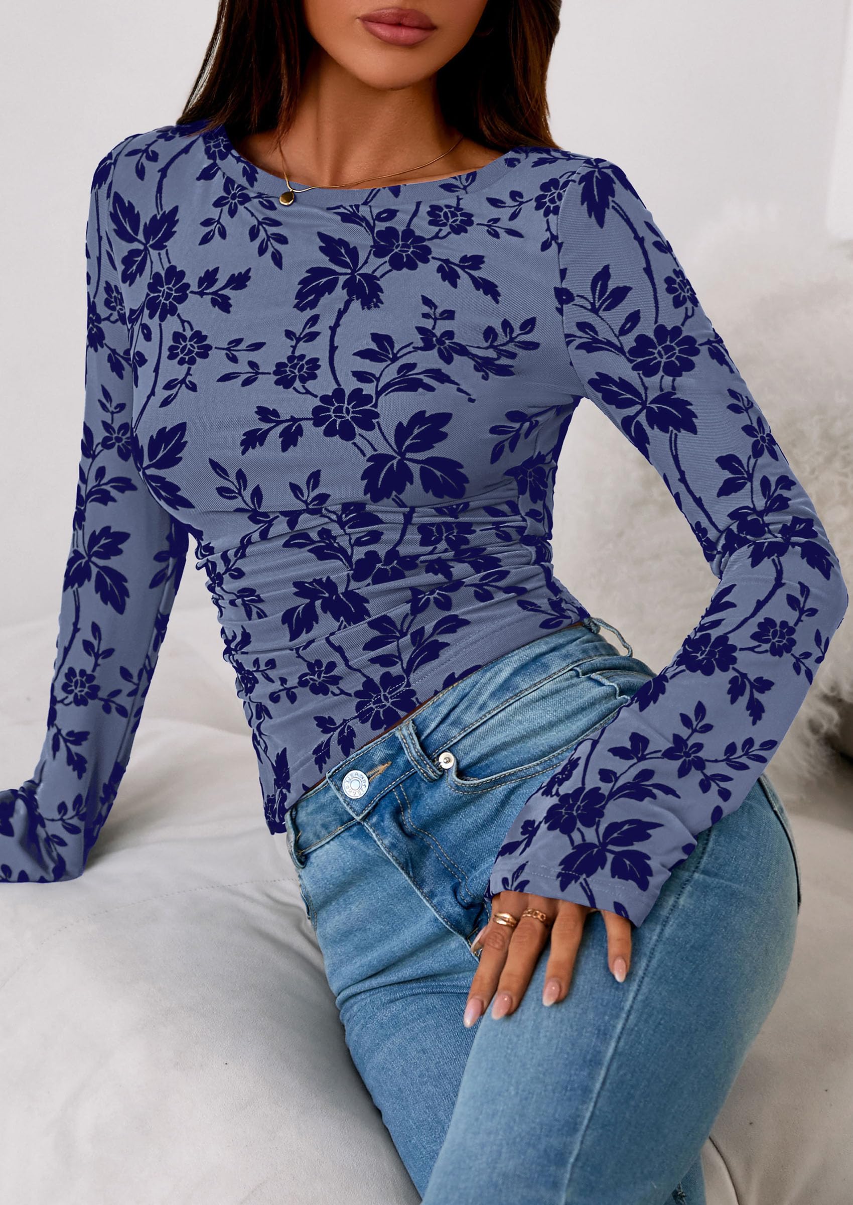Women's Long Bell Sleeve Y2K Tops Boho Floral Mesh Blouses