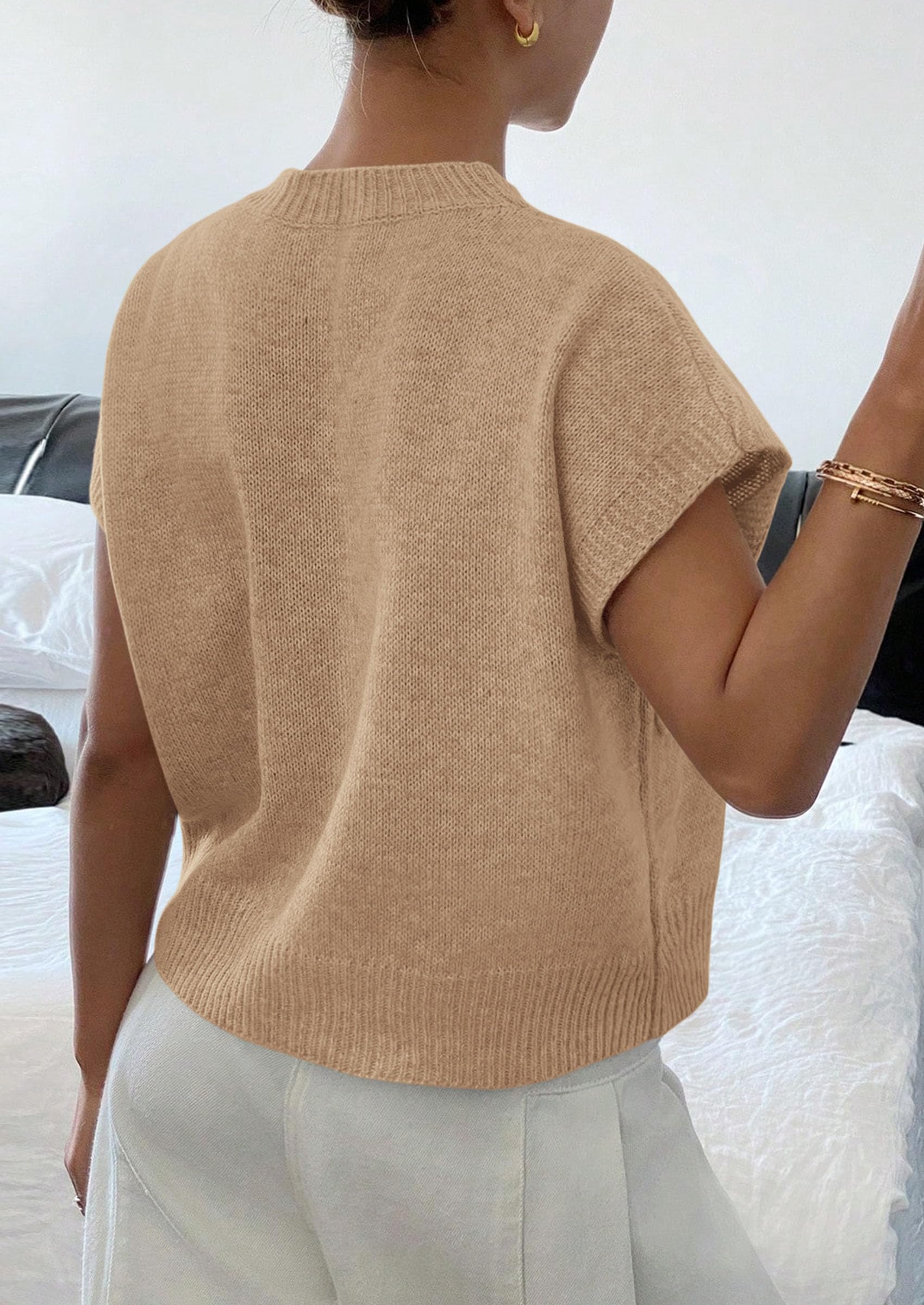 Women's Summer Short Cap Sleeve Sweater Vest (Khaki,S)