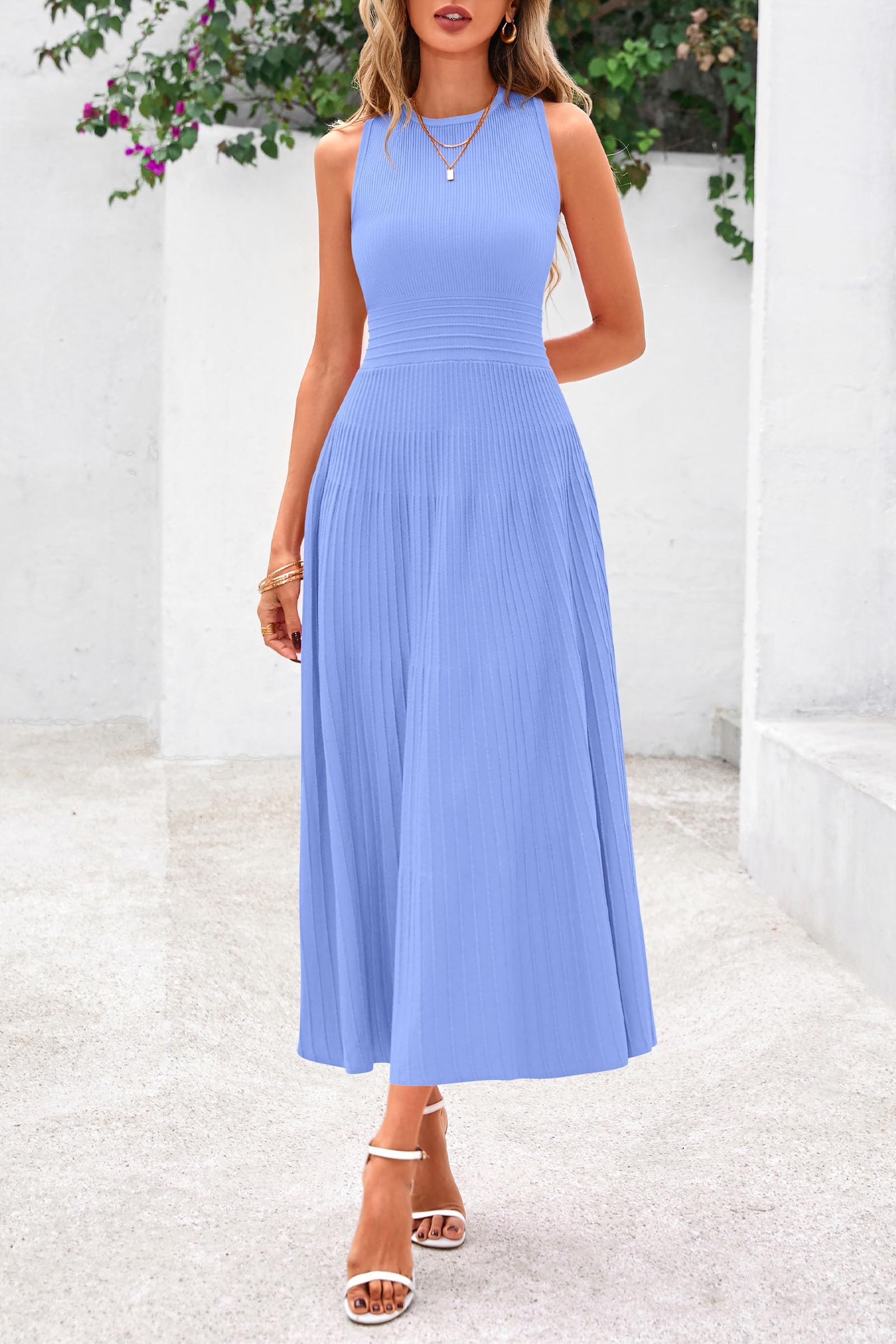 Women's Summer Pleated Midi Work Dress,Sky Blue,M