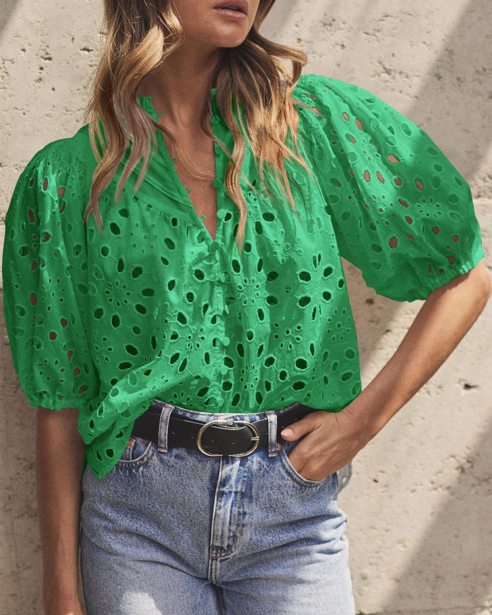 Womens Tops Boho Eyelet Puff Sleeve Blouse, Green,M
