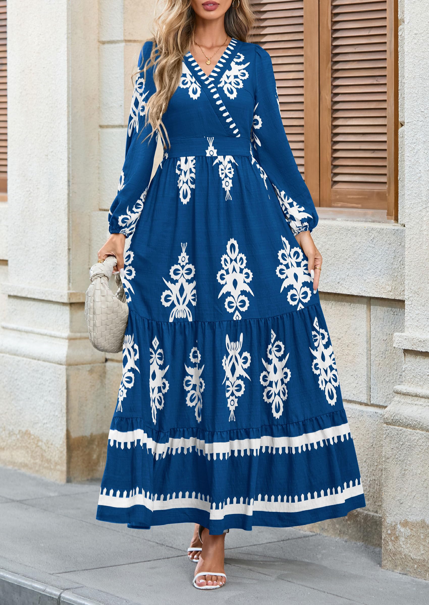 Women's Long Sleeve Floral Boho Maxi Wedding Guest Dress