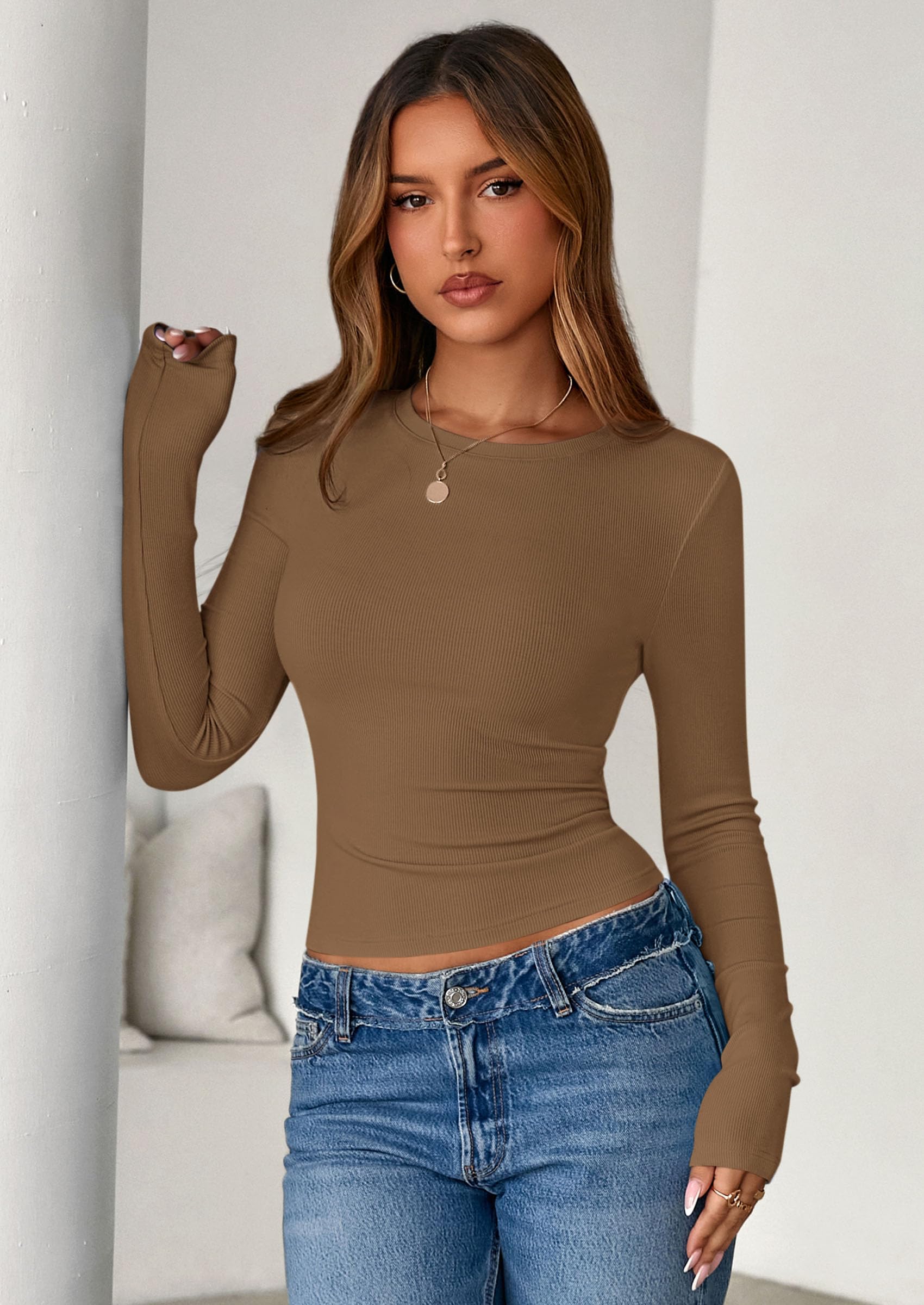 Women's Fall Long Sleeve Shirts Basic Tees (Dark Khaki,XS)