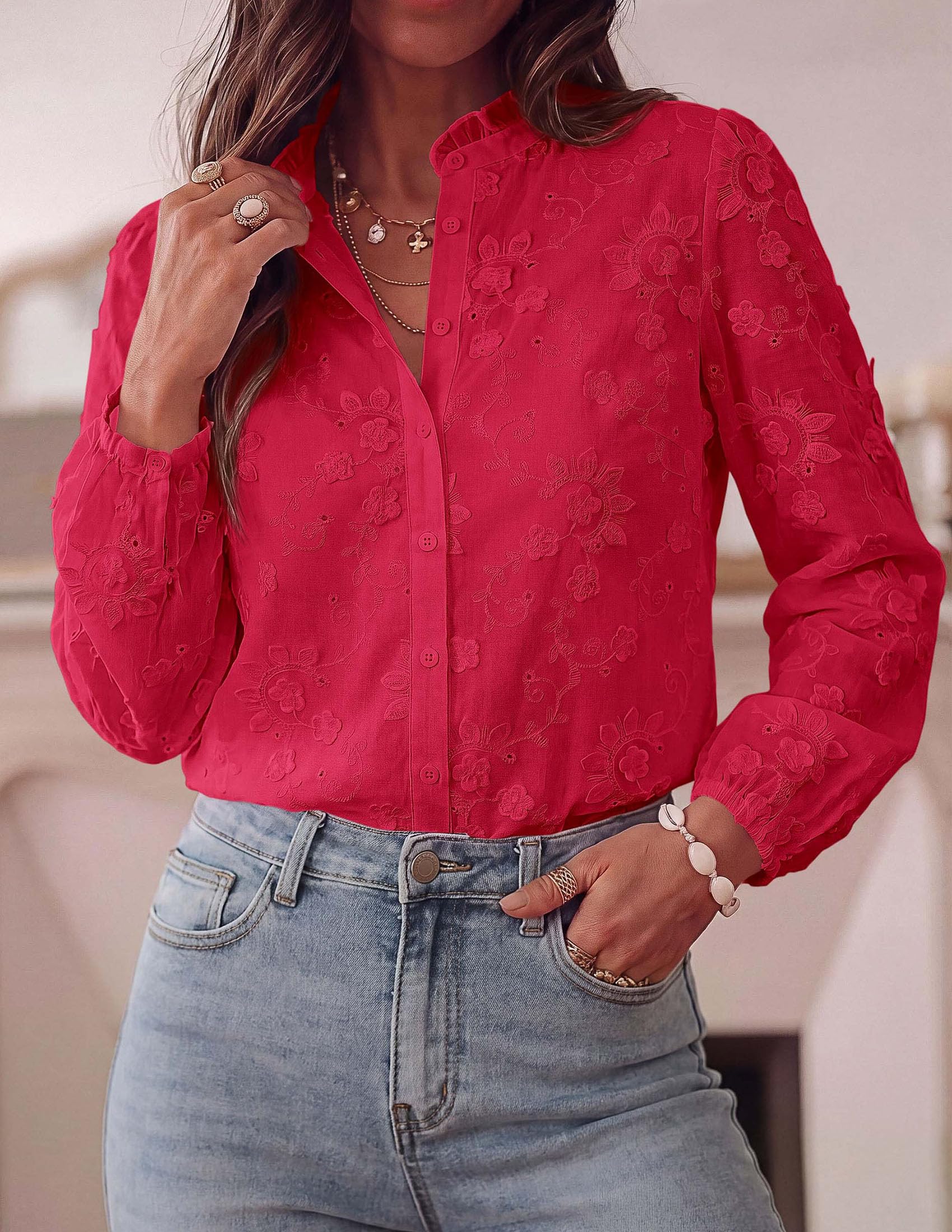 Women's Floral Embroidered Button Down Shirts Work Blouses