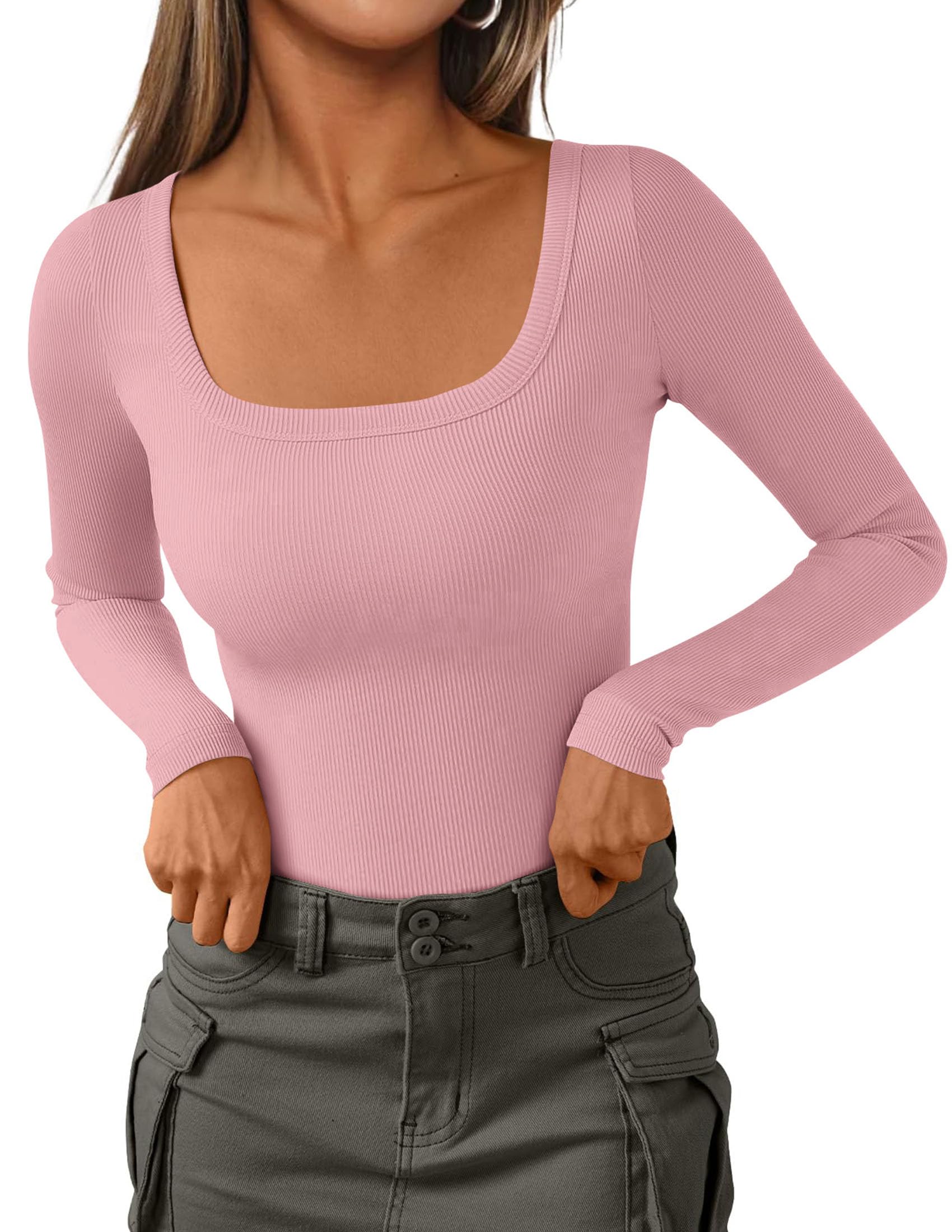 Square Neck Long Sleeve Shirts for Women Pink,XS