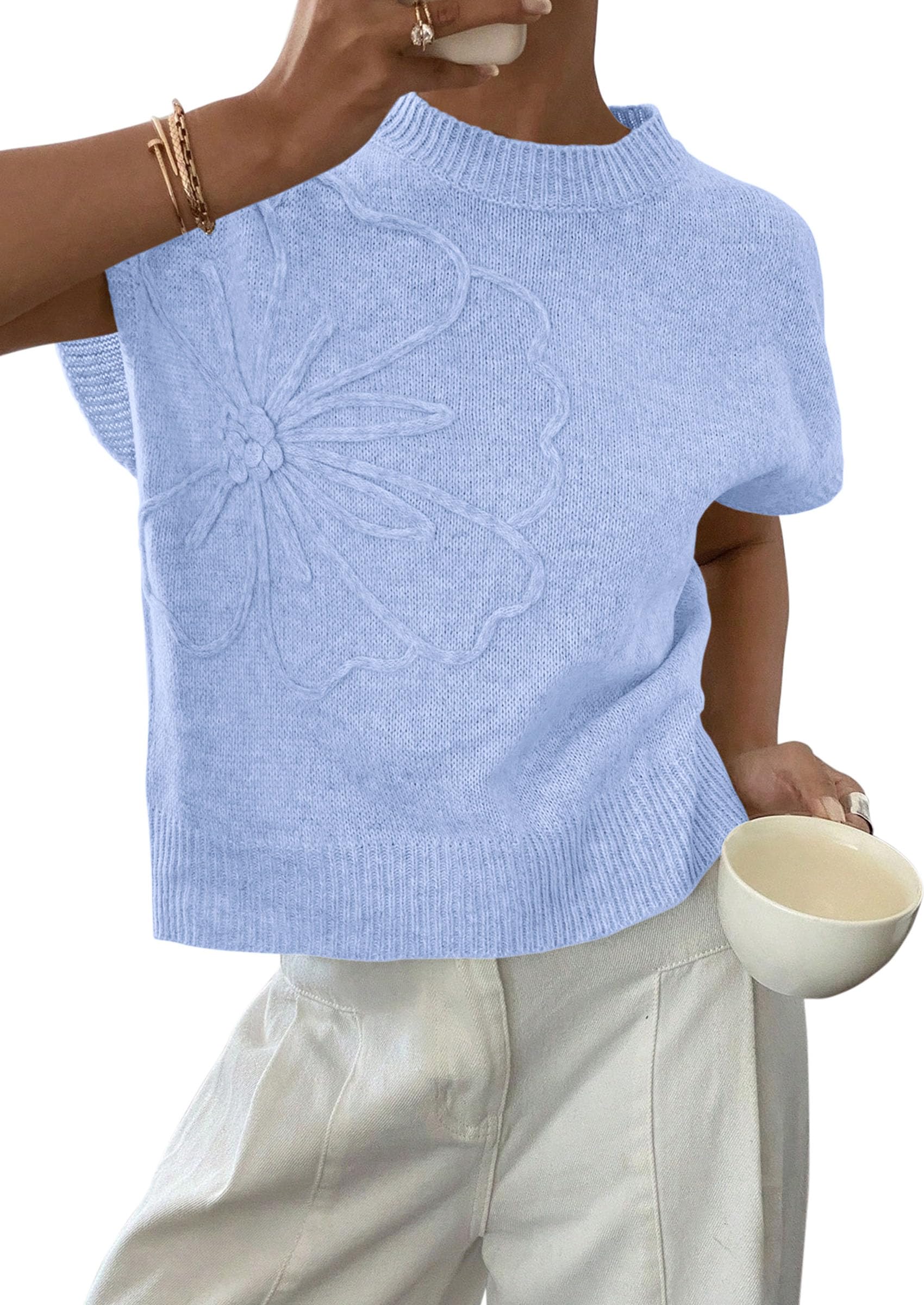 Women's Summer Short Cap Sleeve Sweater Vest (Light Blue,S)
