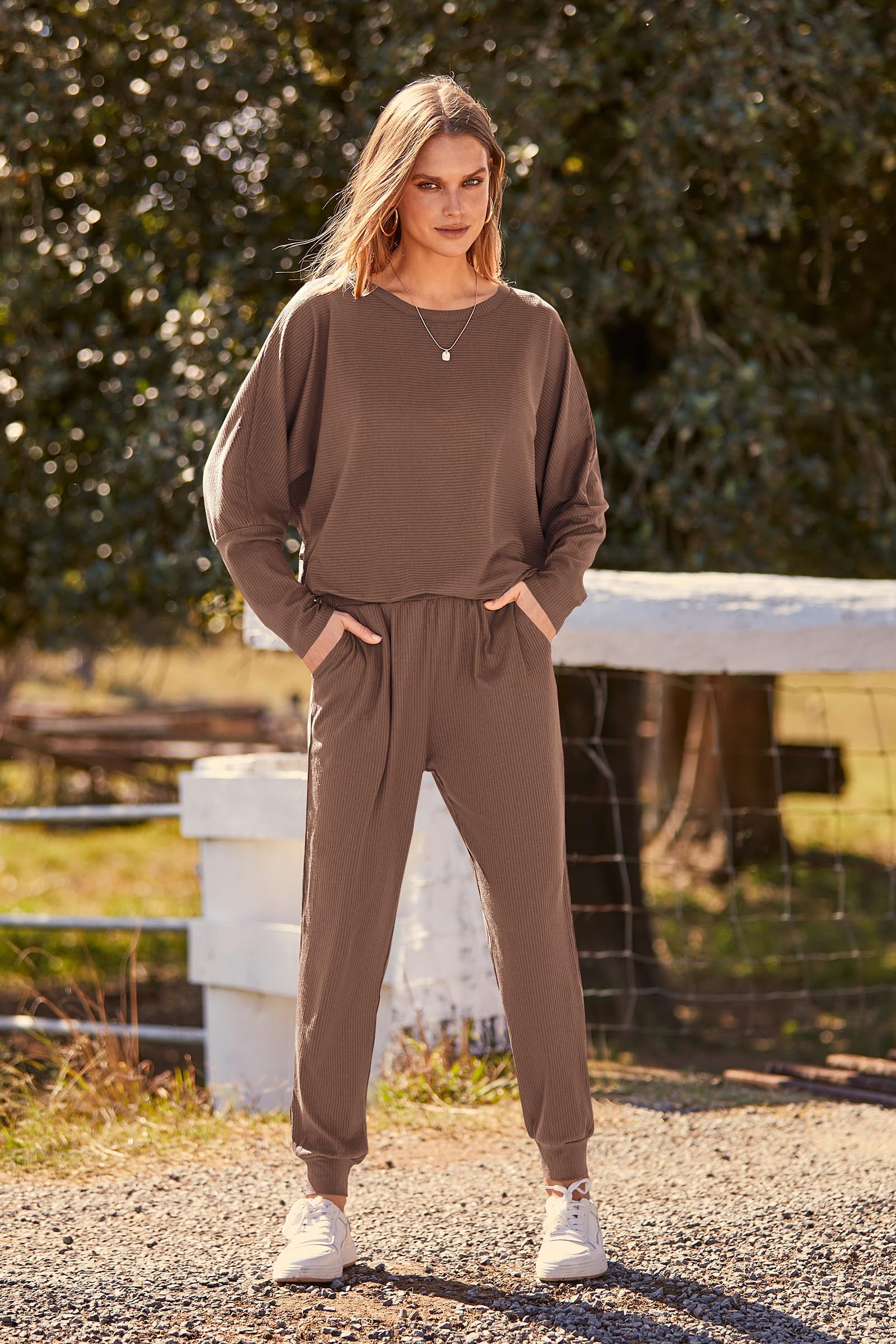 Women's 2 Piece Fall Outfits Matching Ribbed Knit Lounge Sets